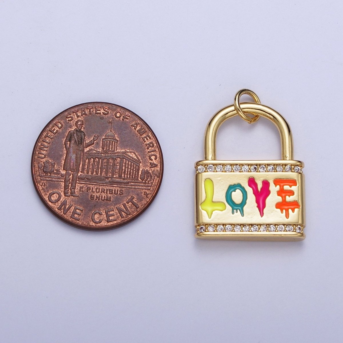 Multicolor "Love" Script Sprayed Micro Paved CZ Padlock Gold Charm AG-122 - DLUXCA