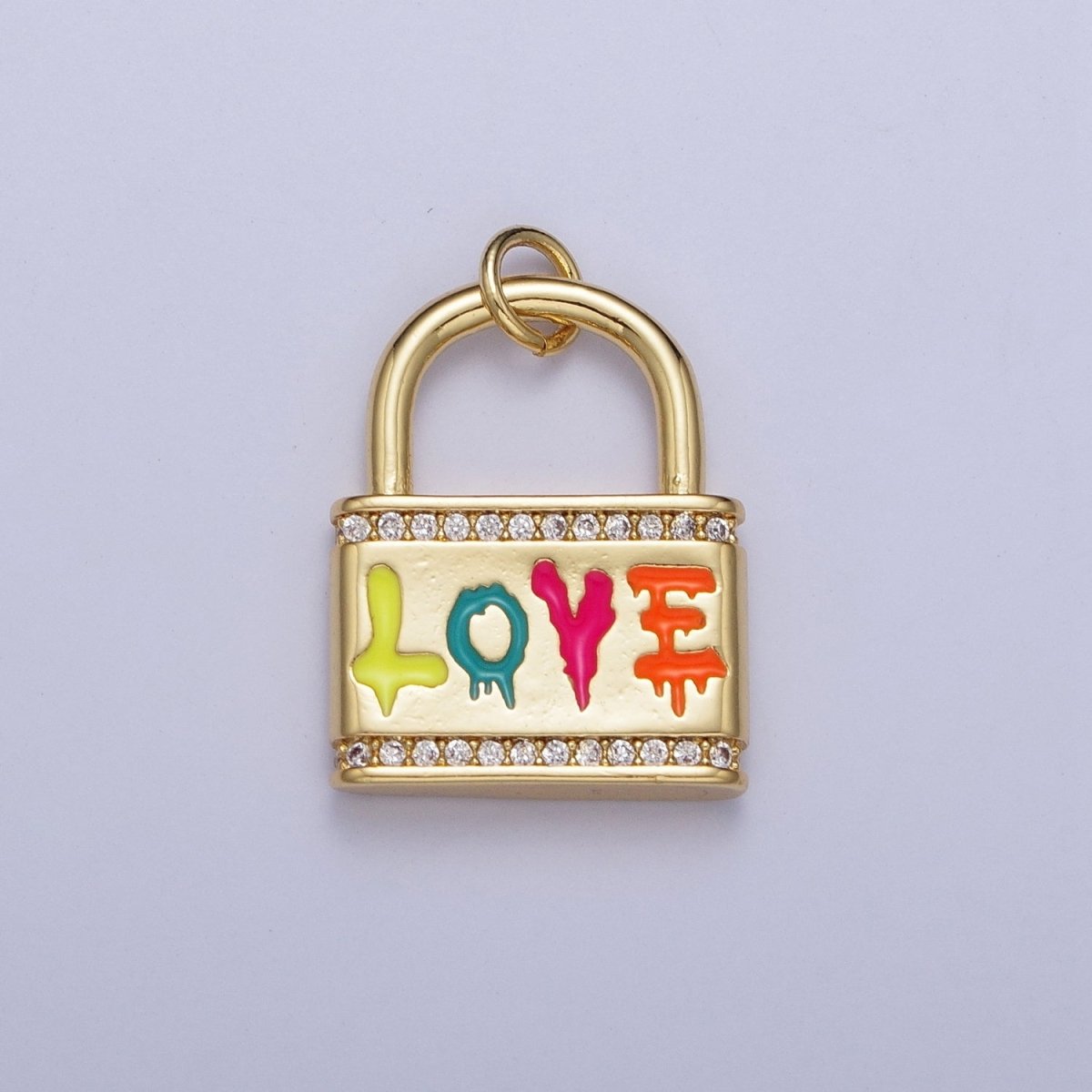 Multicolor "Love" Script Sprayed Micro Paved CZ Padlock Gold Charm AG-122 - DLUXCA