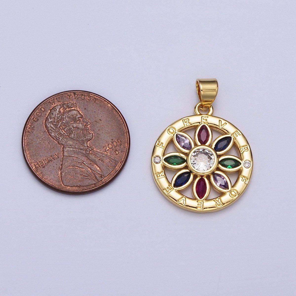 Multicolor Marquise CZ Flower "Forever" Script Round Gold Pendant | AA008 - DLUXCA