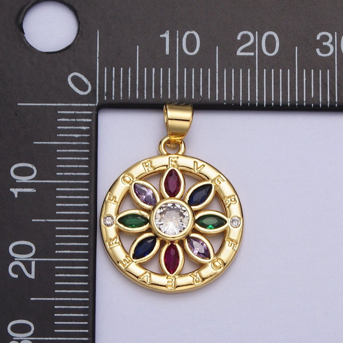 Multicolor Marquise CZ Flower "Forever" Script Round Gold Pendant | AA008 - DLUXCA
