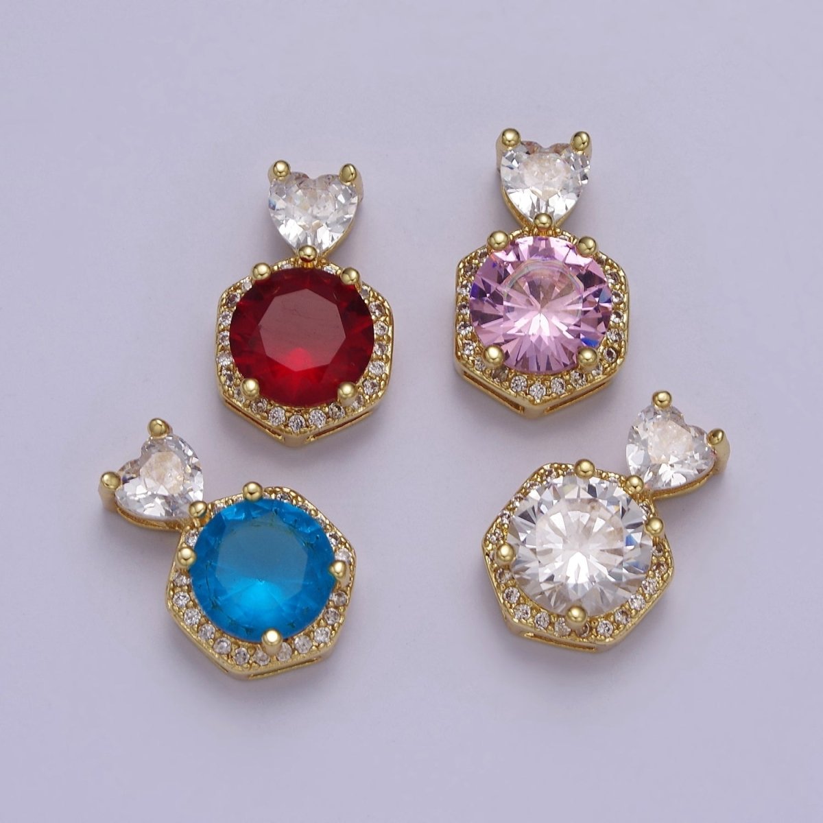 Multicolor Round Cubic Zirconia CZ Stone Pendant Charm with CZ Heart Bail For Jewelry Necklace Making J-567 J-568 J-569 J-575 - DLUXCA