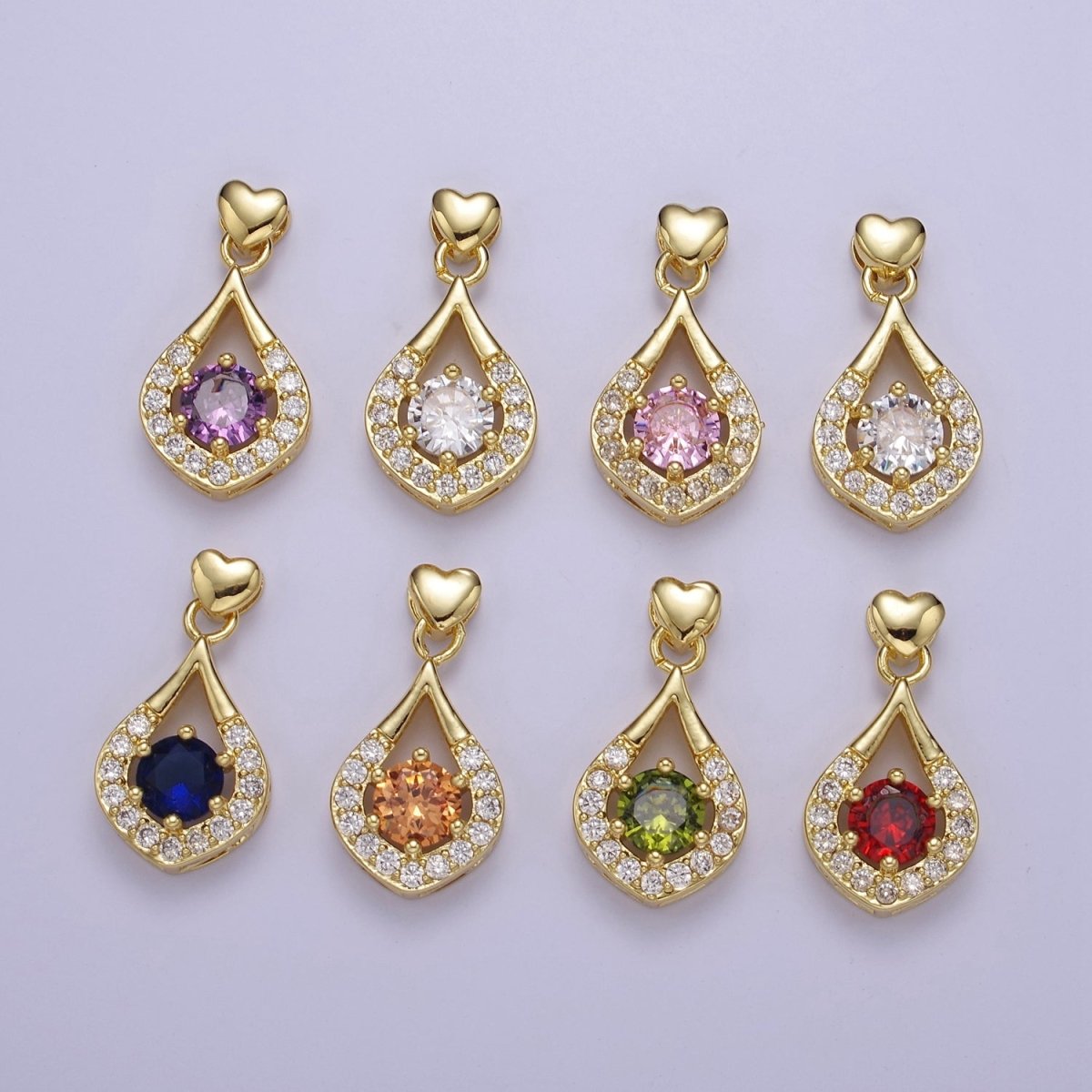 Multicolor Teardrop Cubic Zirconia CZ Stone Pendant Charm with Heart Golden Bail For Jewelry Necklace Making J-582~J-588 - DLUXCA