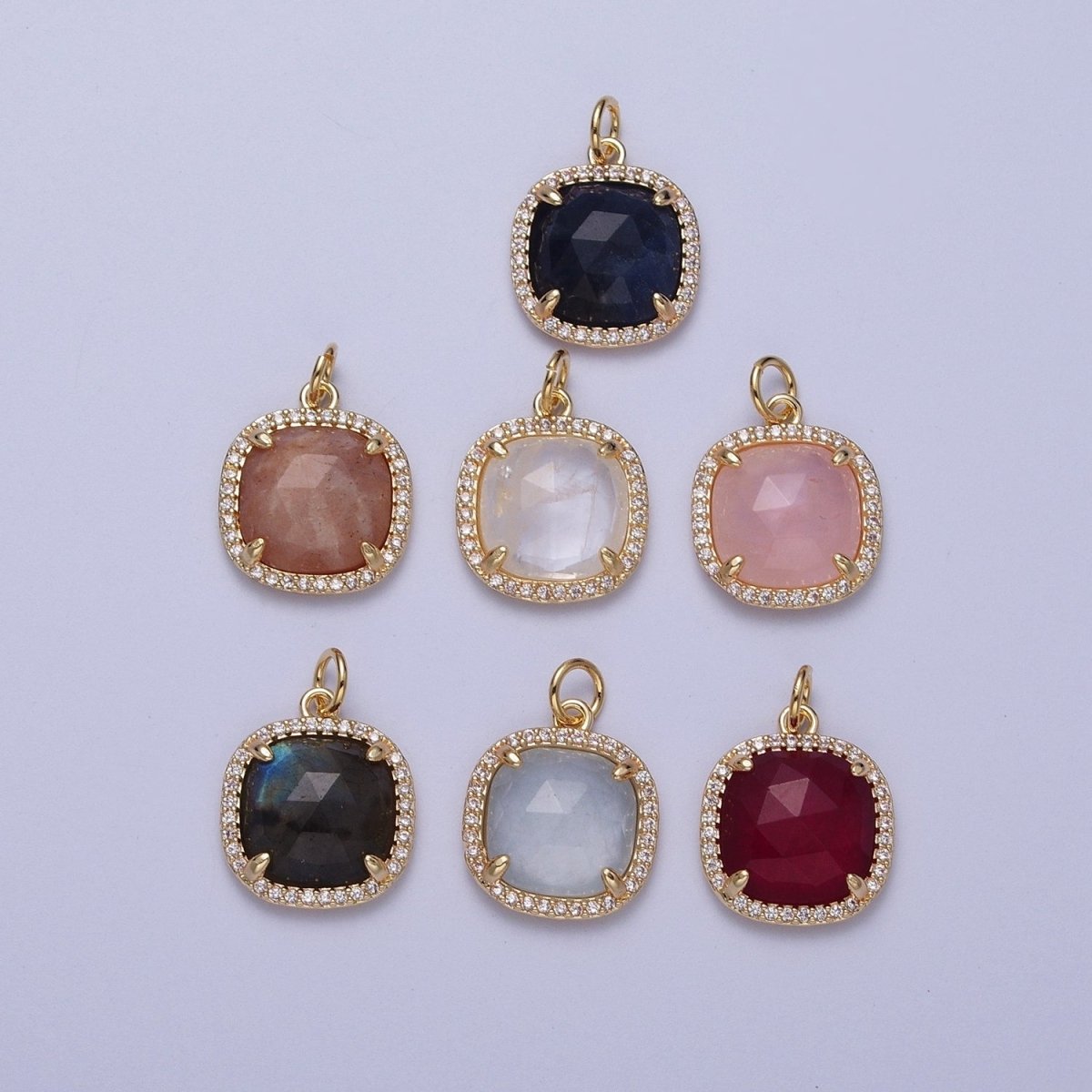 Multifaceted Natural Stone CZ Micro Pave Square Gold Charm C-016 C-224 E-554 M-874 N-401 N-402 N-403 - DLUXCA
