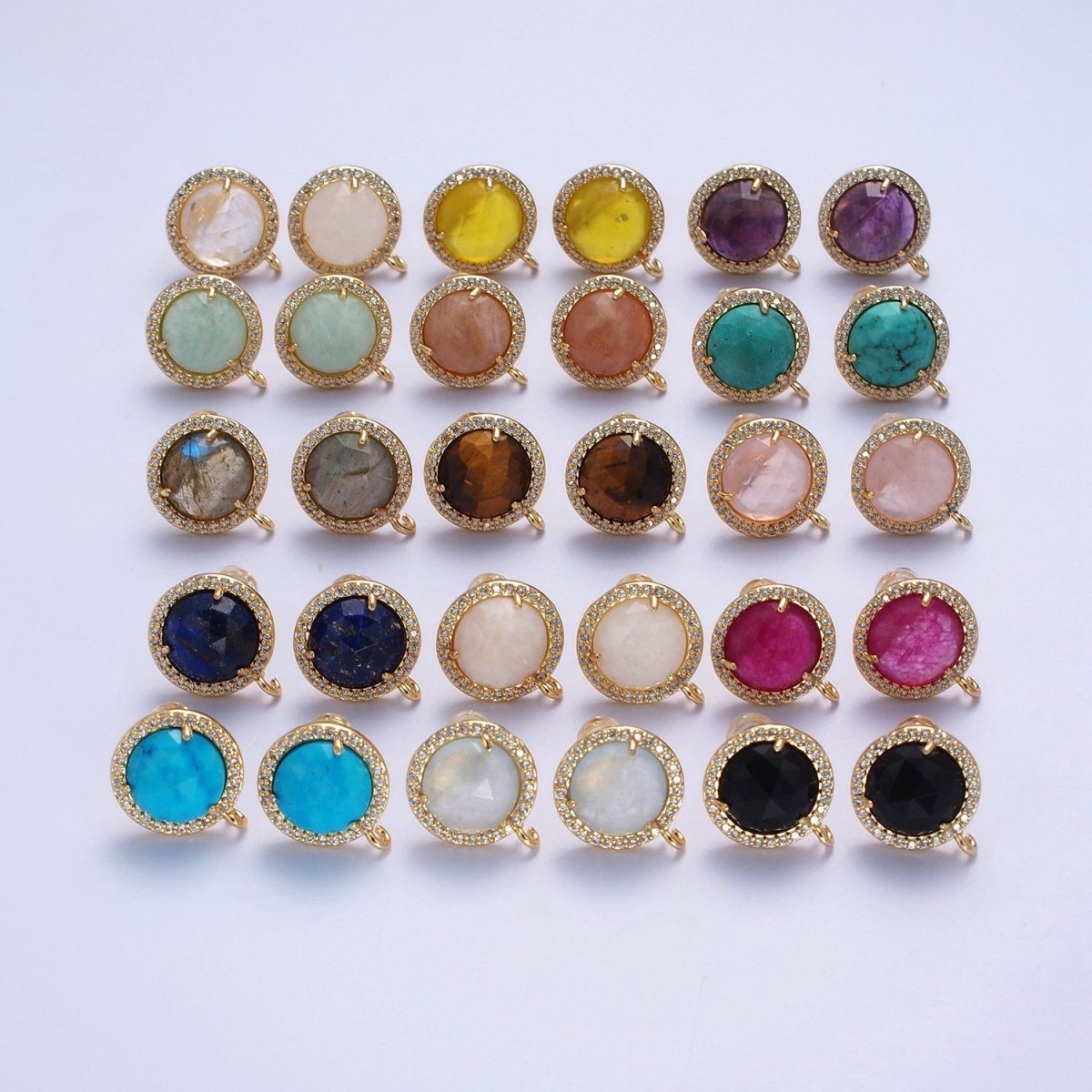 Multifaceted Round CZ Micro Paved Natural Stone Open Loop Stud Earrings Supply | K-084-K-086 K-092 K-094 K-095 K-098 K-099 K-120 K-146 K-169 K-181 - K-184 - DLUXCA