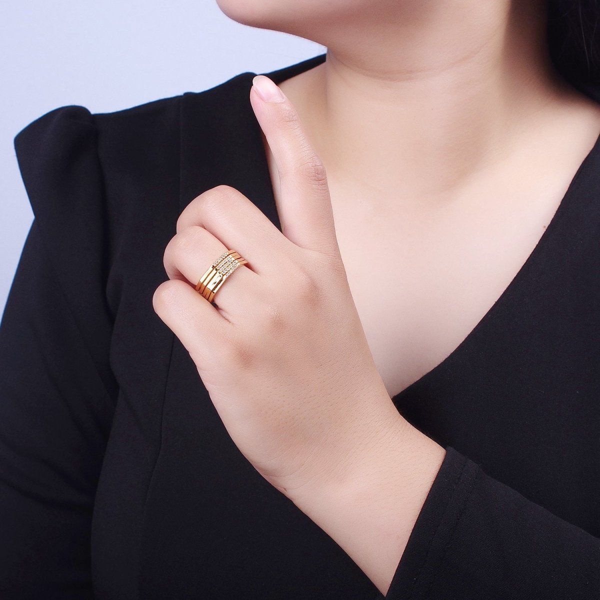 Multiple Band Clear Micro Pave Cubic Zirconia Wide Band Gold & Silver Adjustable Ring R-173 R-175 - DLUXCA