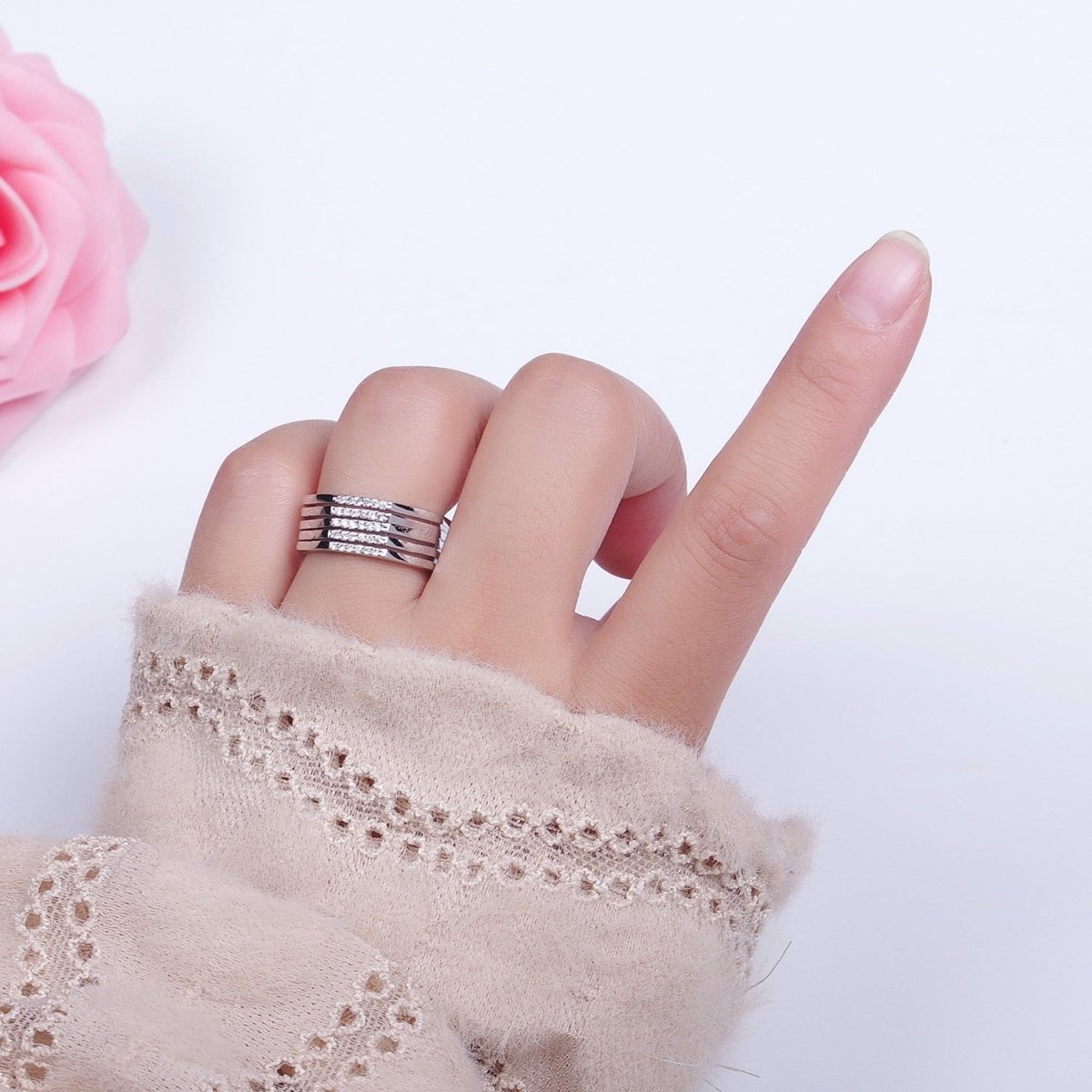 Multiple Band Clear Micro Pave Cubic Zirconia Wide Band Gold & Silver Adjustable Ring R-173 R-175 - DLUXCA