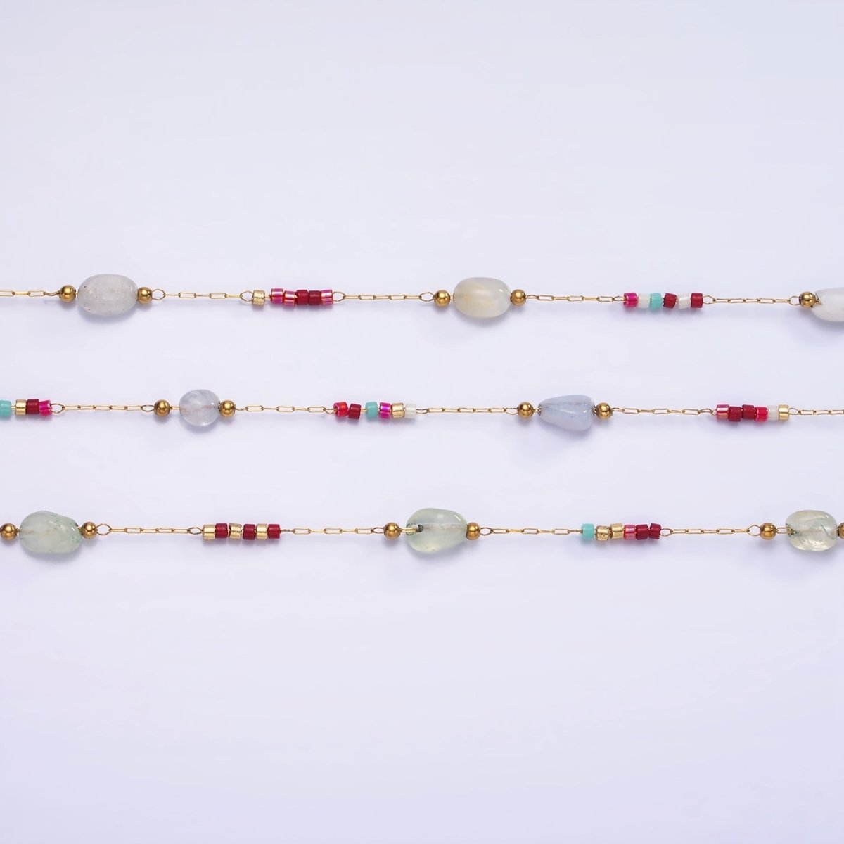 Natural Gemstone Beaded Chain By Yard Stainless Steel Gold Rosary Chain | ROLL-1498 1503 - DLUXCA