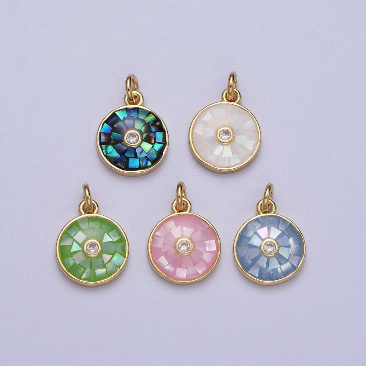 Natural Green Pink White Blue Black Shell Round Medallion Sun Charm in Gold for Celestial Jewelry| X-760 -X-764 - DLUXCA
