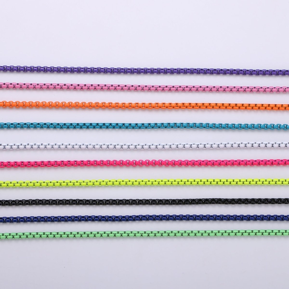 Neon Enamel Box Chain by Yard, Enamel Pop Chain Necklaces, Retro 1990 90s trend Style Chain Necklace Purple Pink Orange Blue White Yellow Green | ROLL-338 to ROLL-347 Clearance Pricing - DLUXCA