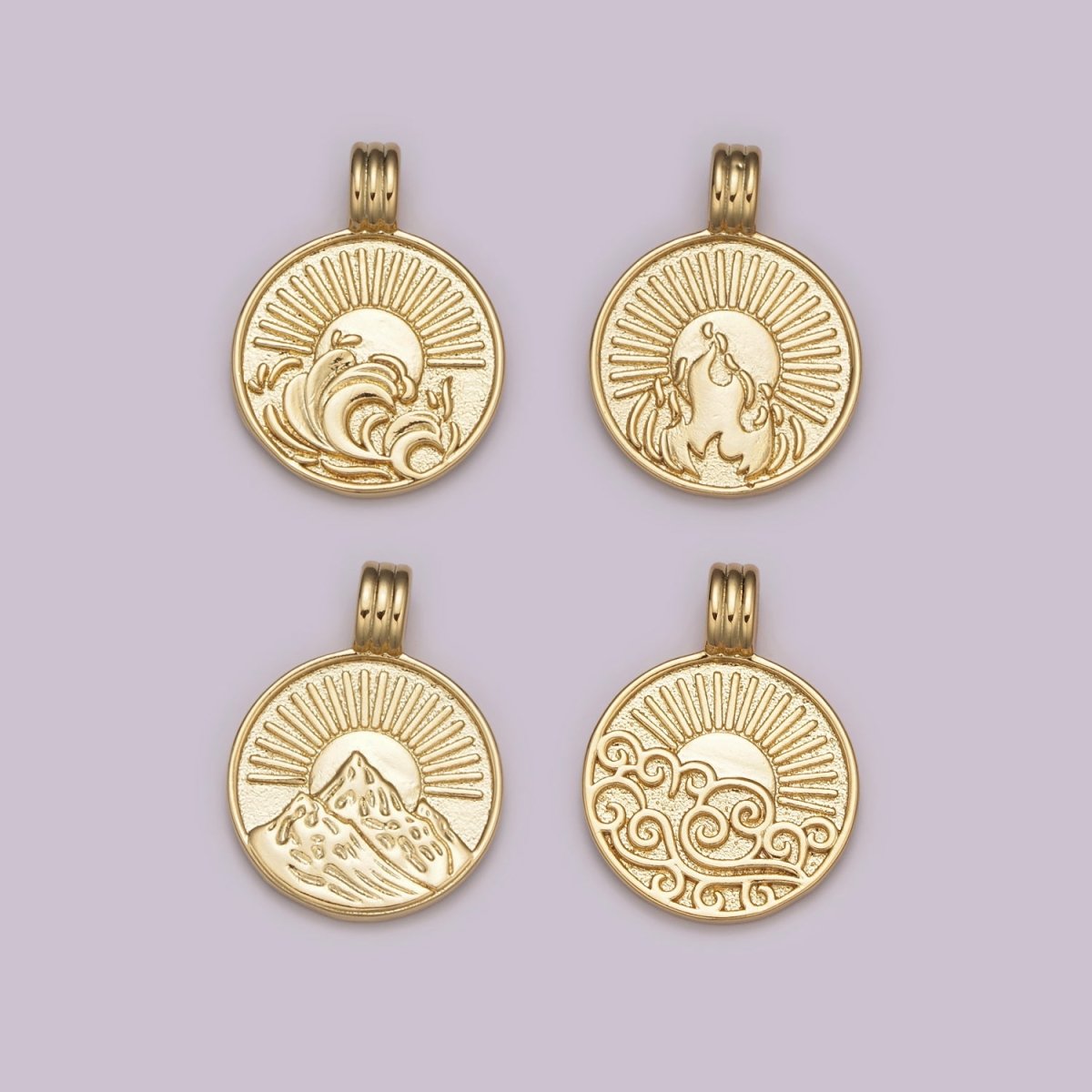 NEW ELEMENT Collection Gold Element Charm Fire Wind Earth Ocean Wave Charm 24K Gold Filled Medallion for Necklace Bracelet Supply N-469 - N-472 - DLUXCA