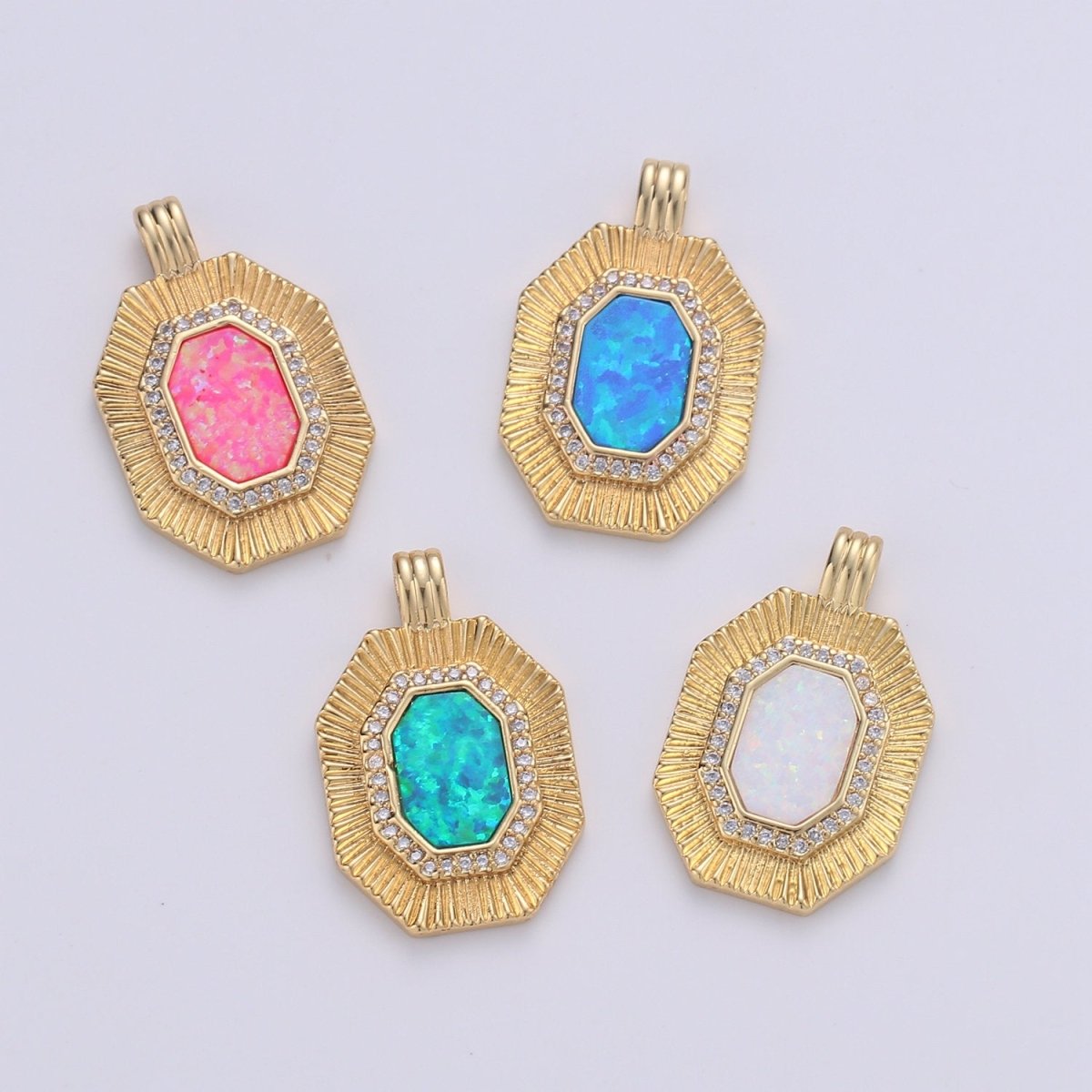 Octagon with Opal Tag Geometric Pendants • Gold Micro Pave cubic Zirconia Pendant • 14k Gold Filled Pendant Medallion Charm Geometric Jewelry Supply - DLUXCA