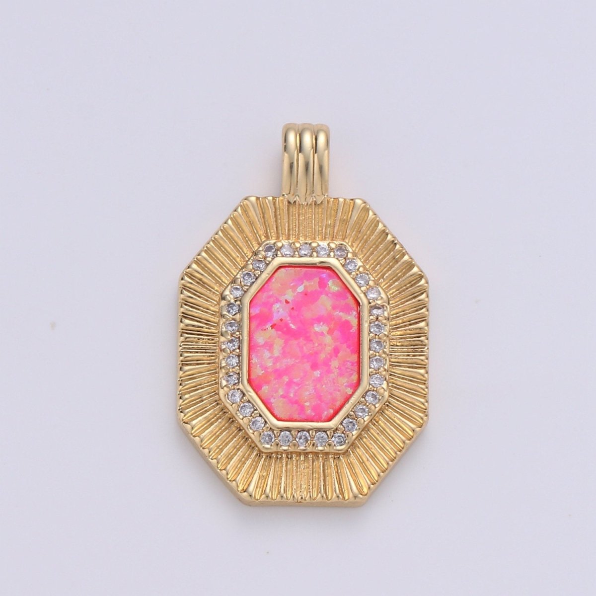 Octagon with Opal Tag Geometric Pendants • Gold Micro Pave cubic Zirconia Pendant • 14k Gold Filled Pendant Medallion Charm Geometric Jewelry Supply - DLUXCA
