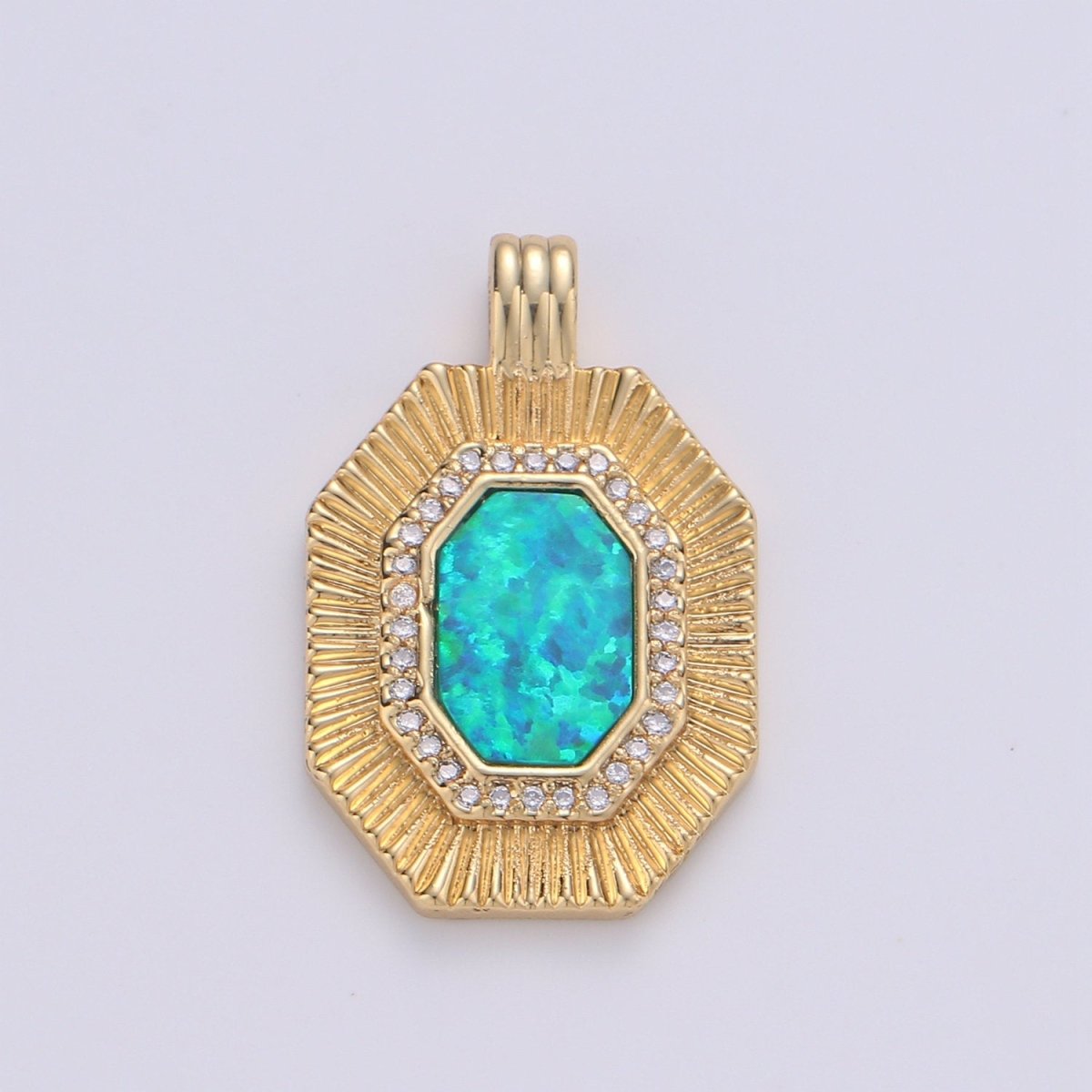 Octagon with Opal Tag Geometric Pendants • Gold Micro Pave cubic Zirconia Pendant • 14k Gold Filled Pendant Medallion Charm Geometric Jewelry Supply - DLUXCA