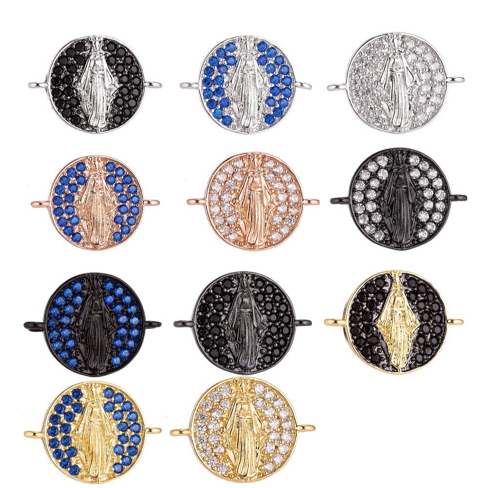 On Sale! CLEARANCE! 18K Gold Filled, Silver, Black Jesus Mother Mary Catholic Medallion, Cubic Zirconia Bracelet Charm, Micro Pave Connector For Necklace Bracelet Jewelry Making | F-077 - DLUXCA