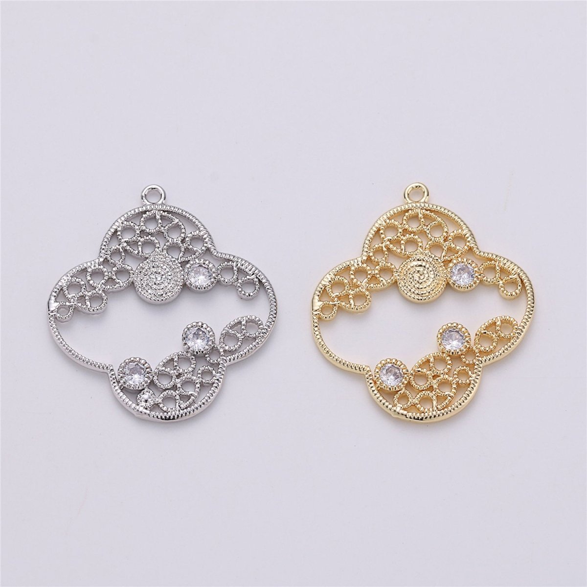 On Sale! CLEARANCE! Four Leaf Clover Charm in Rhodium White Gold with Cubic Zircon Pendant for Necklace Earring Jewelry Making inspired quatrefoil clover E-486 - DLUXCA