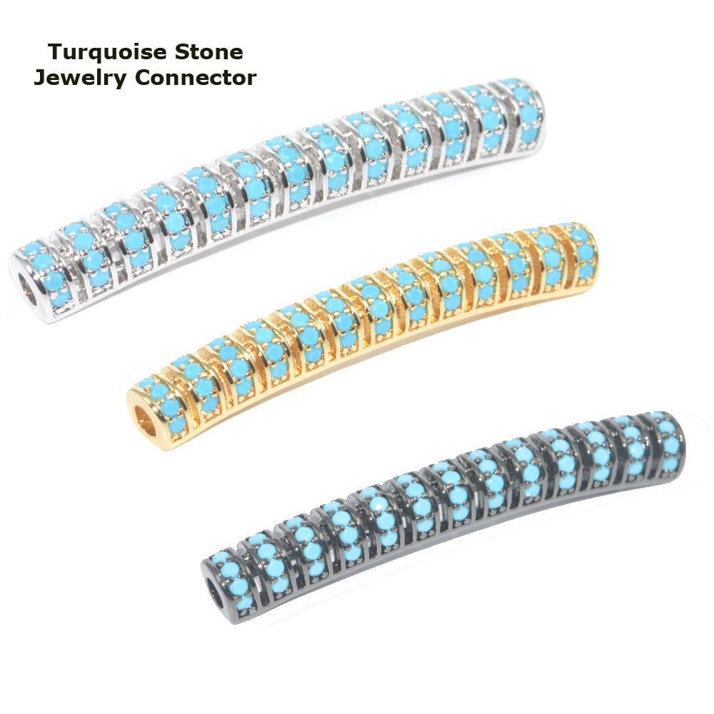 On Sale! CLEARANCE! Fully Paved Lined Bar Tube Bracelet Charm Connector Genuine Turquoise Stone Paved Bracelet Design Cooper Plated Material B-138 - DLUXCA
