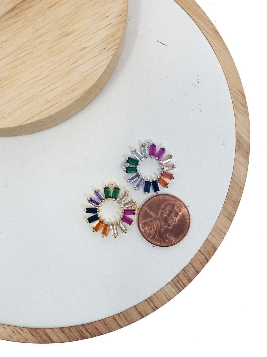 On Sale! CLEARANCE! Rainbow Stone Charm, Colorful Coin Double Bail Pendant, Rainbow Baguette Charm with 2 Loops For Necklace Jewelry Making, White Gold Filled CZ Connector, F-214 - DLUXCA