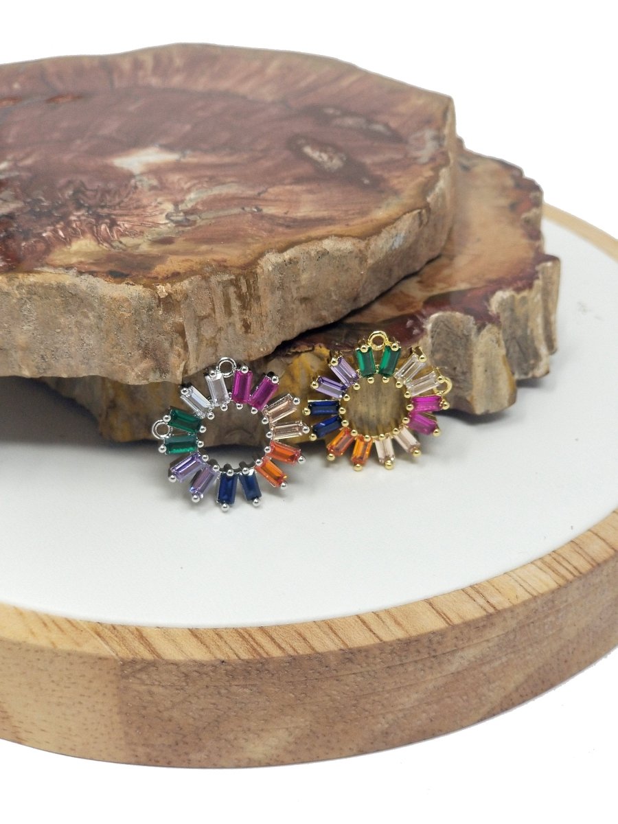 On Sale! CLEARANCE! Rainbow Stone Charm, Colorful Coin Double Bail Pendant, Rainbow Baguette Charm with 2 Loops For Necklace Jewelry Making, White Gold Filled CZ Connector, F-214 - DLUXCA