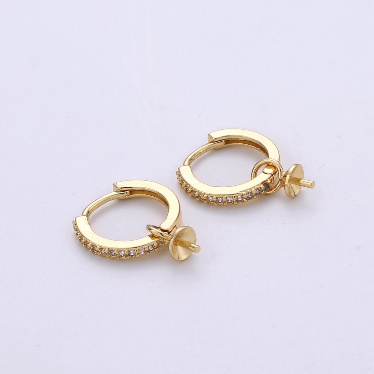 One Pair Micro Pave Gold Simple Loop Earring Findings, Hoop Earring Mounts,Half Drilled Pearl Peg Earring Component Supply L-387 K-494 - DLUXCA