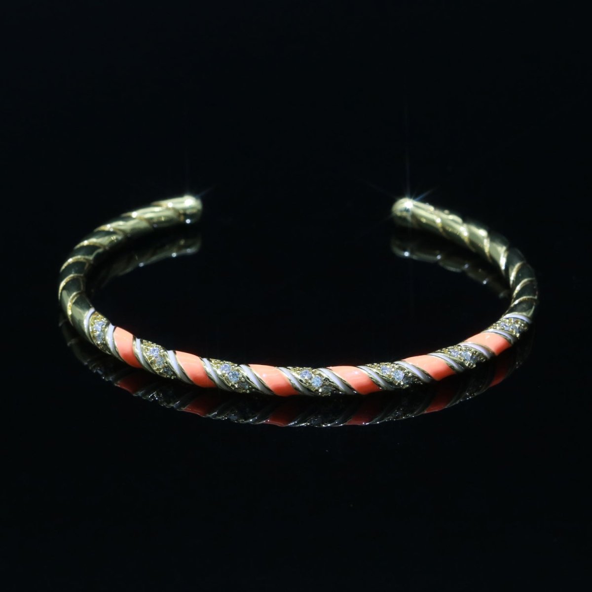 Orange Enamel Geometric Swirl Gold Filled Bangle Open Adjustable Bracelet Vintage Style Inspired | WA-118 Clearance Pricing - DLUXCA