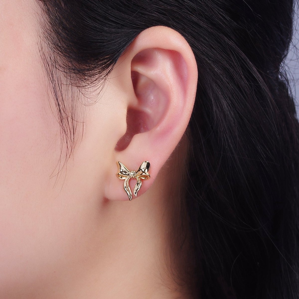 OS 14K Gold Filled 14mm Coquette Ribbon Bow CZ Minimalist Stud Earrings | AB1128 - DLUXCA