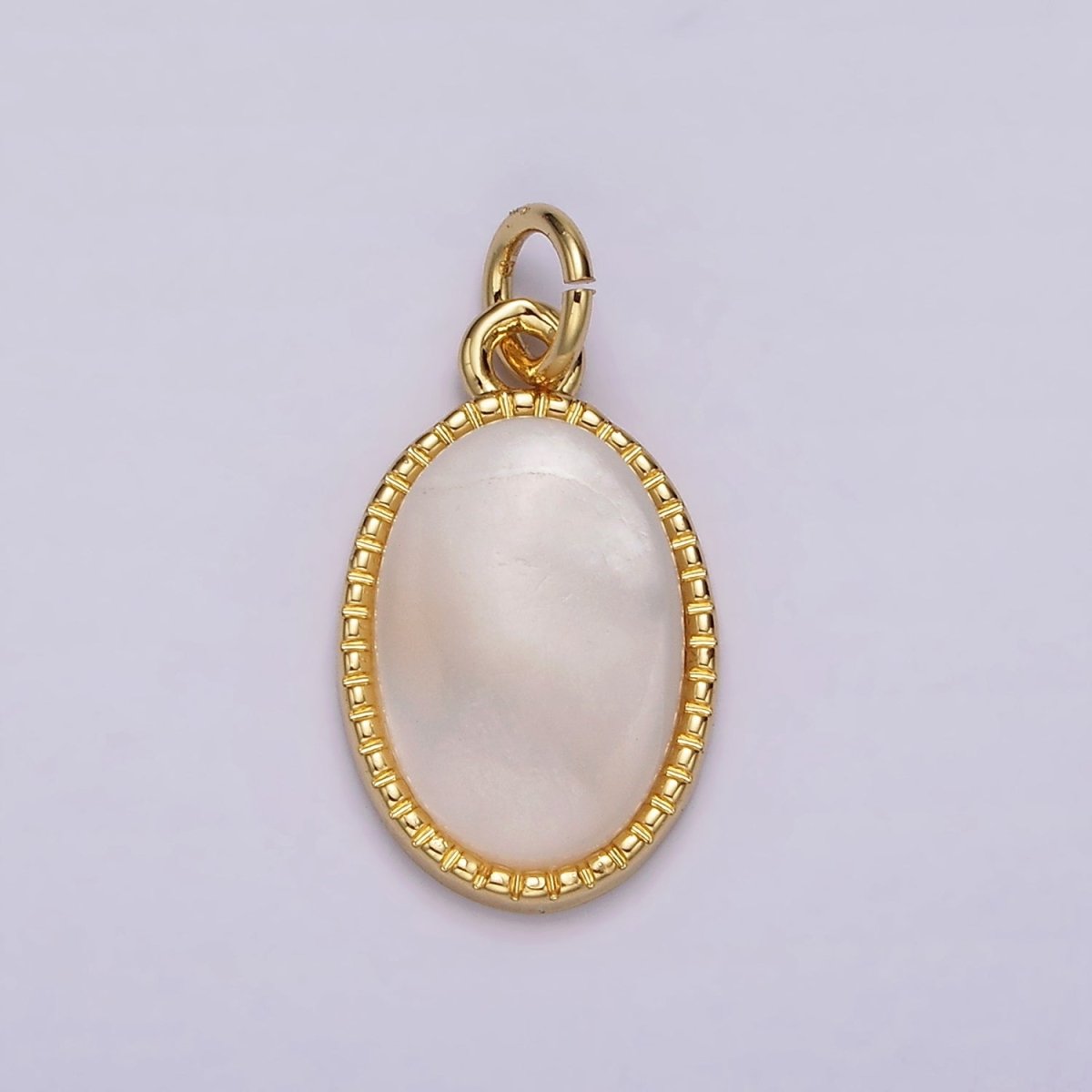 OS 14K Gold Filled 20mm Shell Pearl Oblong Dotted Bezel Charm | AG513 - DLUXCA