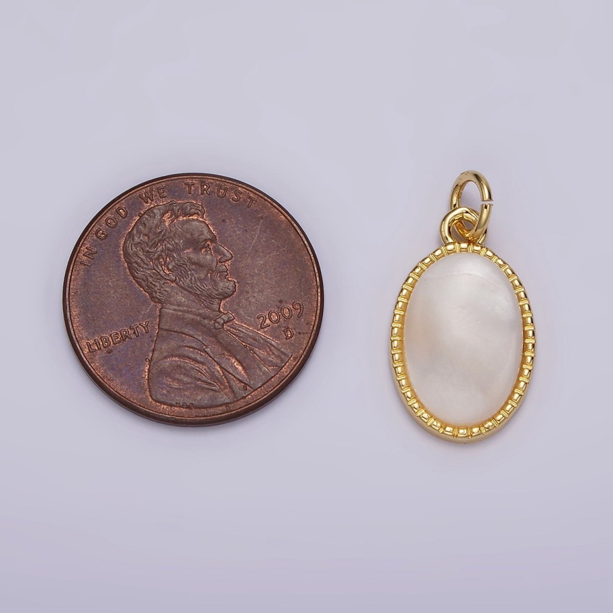 OS 14K Gold Filled 20mm Shell Pearl Oblong Dotted Bezel Charm | AG513 - DLUXCA