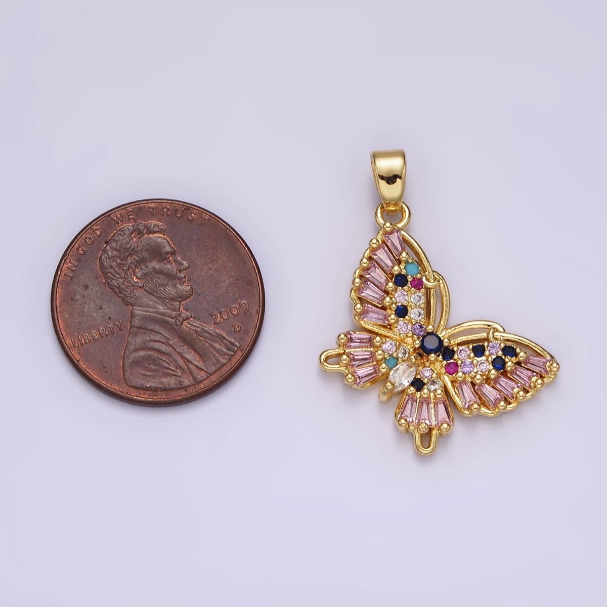 OS 14K Gold Filled Multicolor CZ Pink Baguette Butterfly Wings Pendant | N1316 - DLUXCA