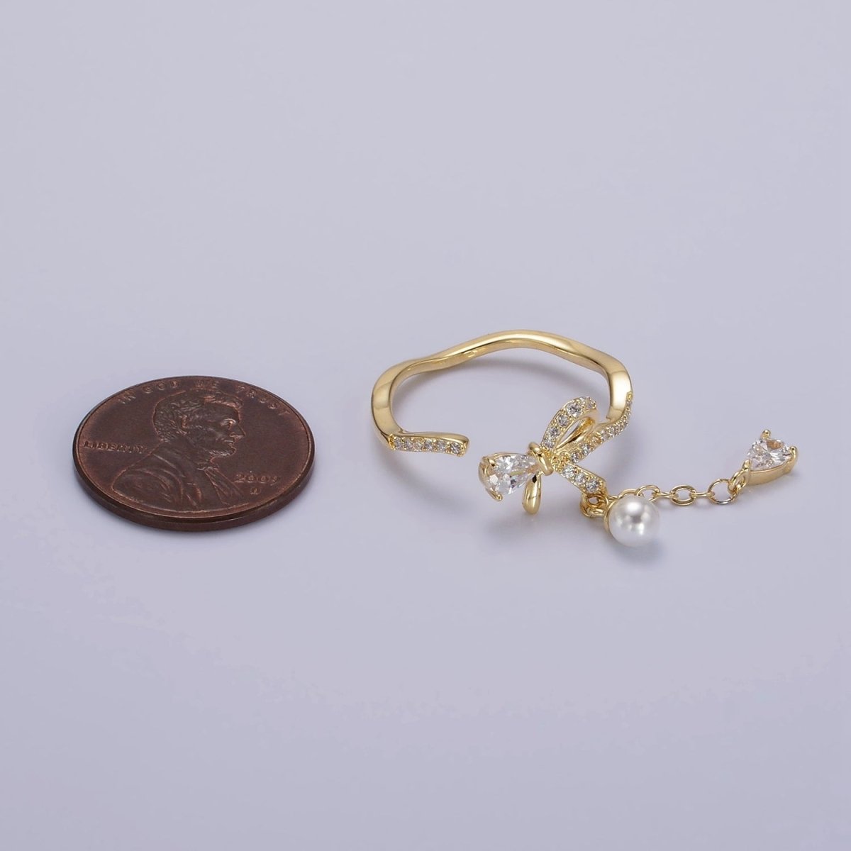 OS 14K Gold Filled Ribbon Bow Micro Paved CZ Teardrop Pearl Drop Ring Coquette Girl Jewelry | O1187 - DLUXCA