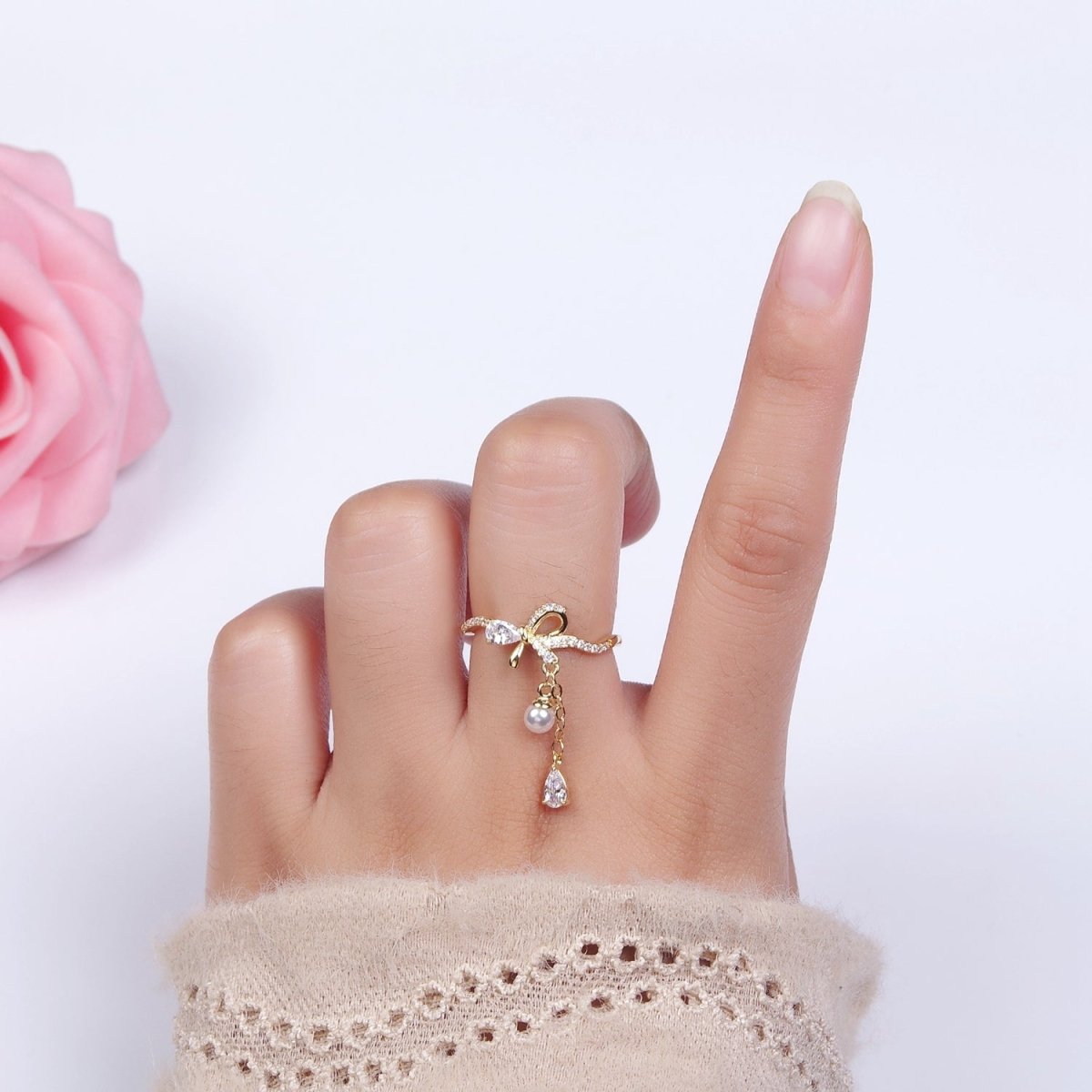 OS 14K Gold Filled Ribbon Bow Micro Paved CZ Teardrop Pearl Drop Ring Coquette Girl Jewelry | O1187 - DLUXCA