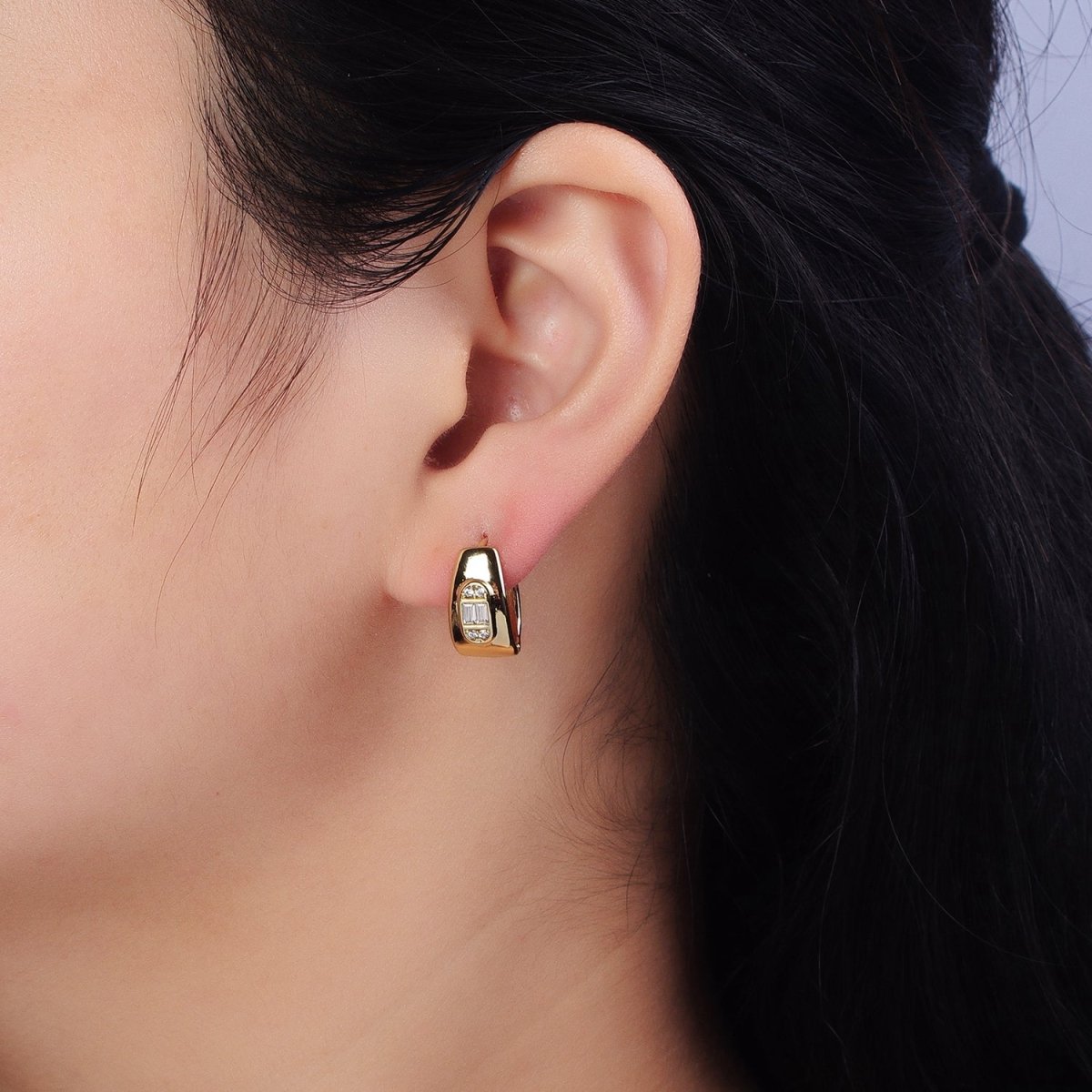 OS 14K Gold Filled Wide Oblong Clear CZ 15mm Wide Huggie Earrings | AB270 - DLUXCA