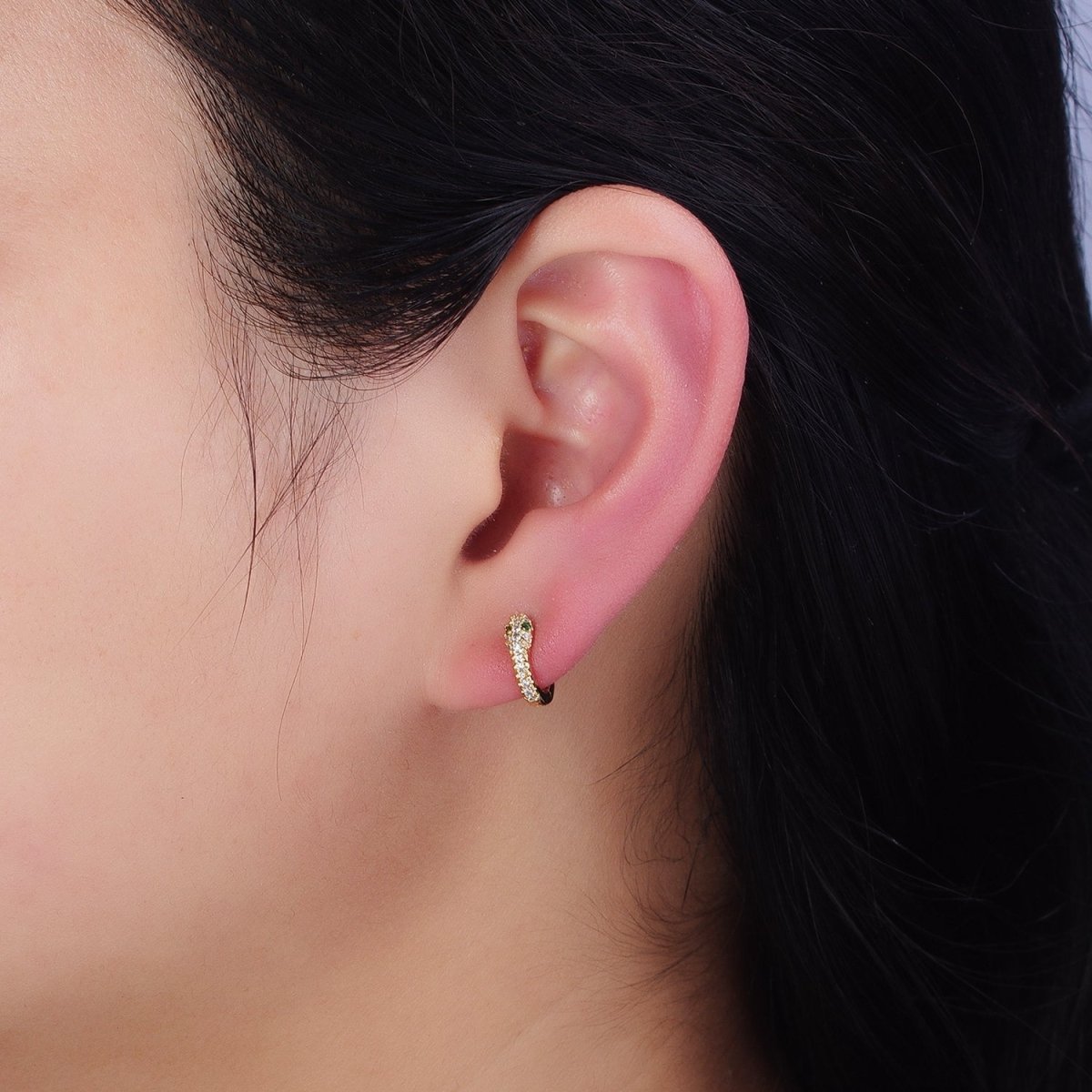 OS 16K Gold Filled 10mm Green-Eyed CZ Snake Serpent Micro Paved Cartilage Huggie Earrings | AD1298 - DLUXCA