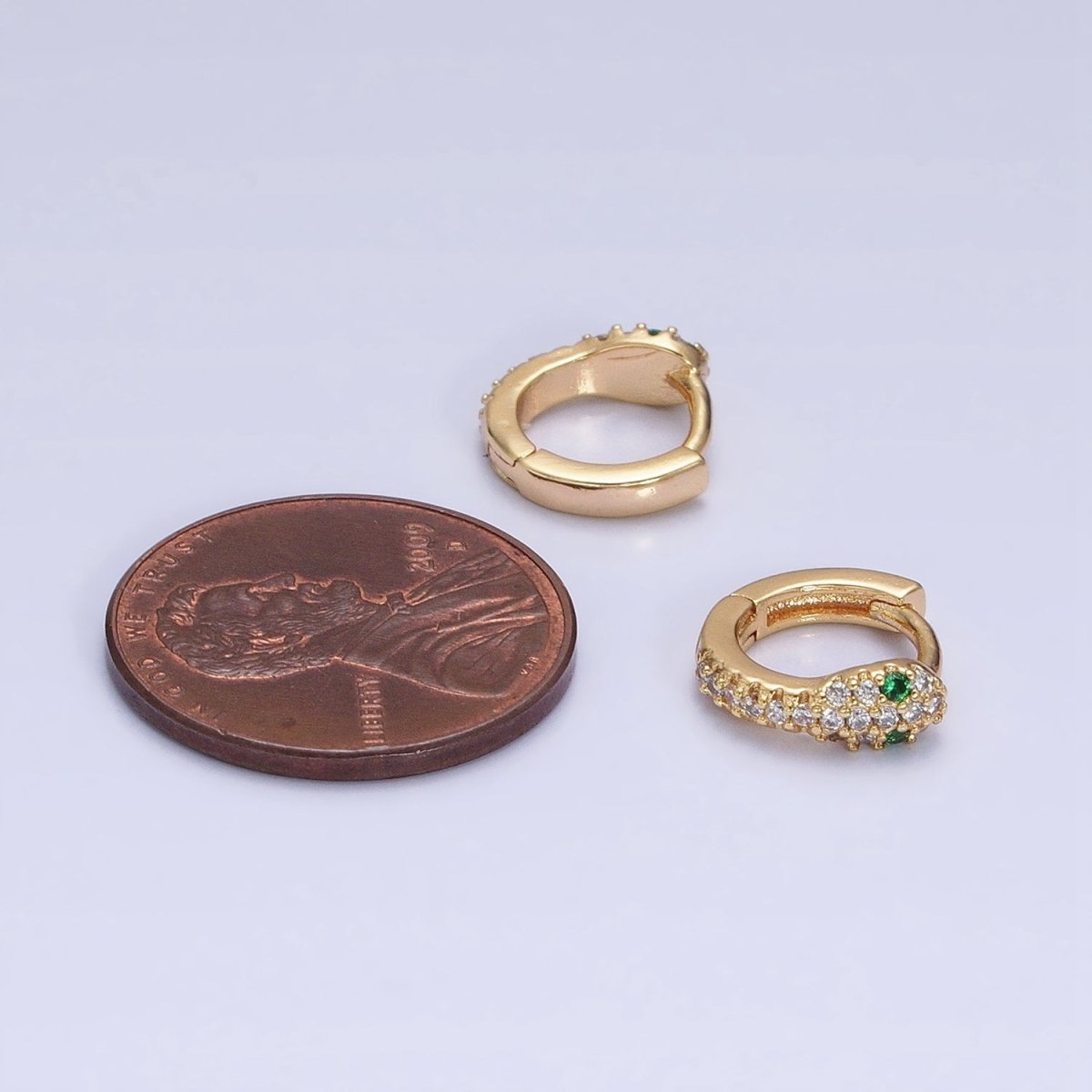 OS 16K Gold Filled 10mm Green-Eyed CZ Snake Serpent Micro Paved Cartilage Huggie Earrings | AD1298 - DLUXCA