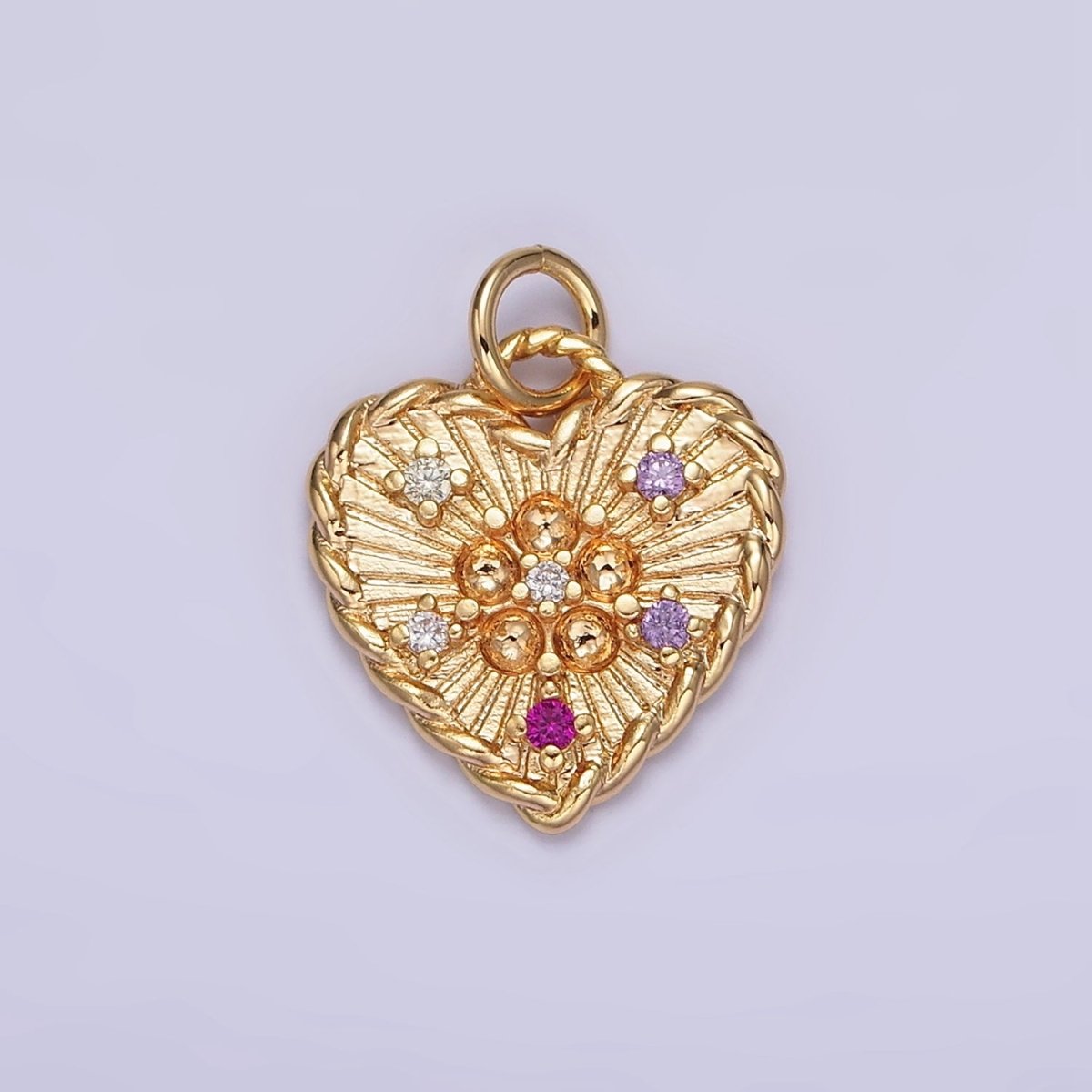 OS 16K Gold Filled Multicolor CZ Dotted Sunburst Twisted Croissant Heart Charm | N1013 - DLUXCA
