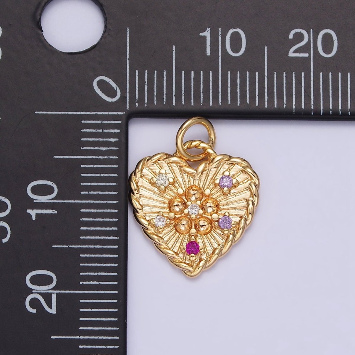 OS 16K Gold Filled Multicolor CZ Dotted Sunburst Twisted Croissant Heart Charm | N1013 - DLUXCA