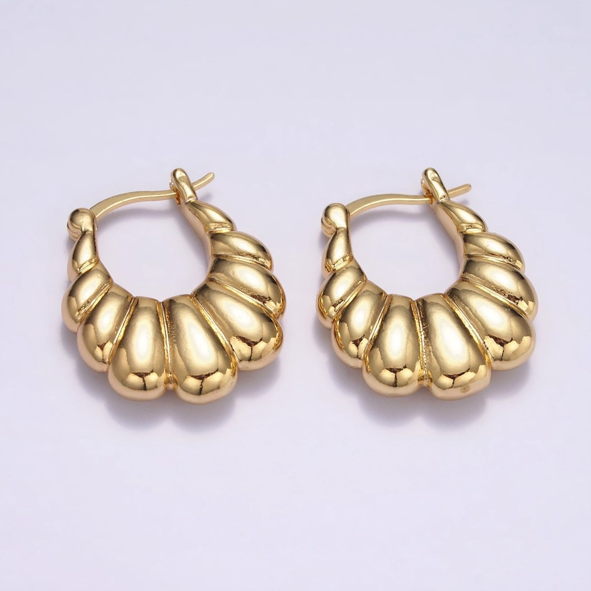 OS 16K Gold Filled U-Shaped Puffed Croissant French Lock Latch Hoop Earrings | AE603 - DLUXCA