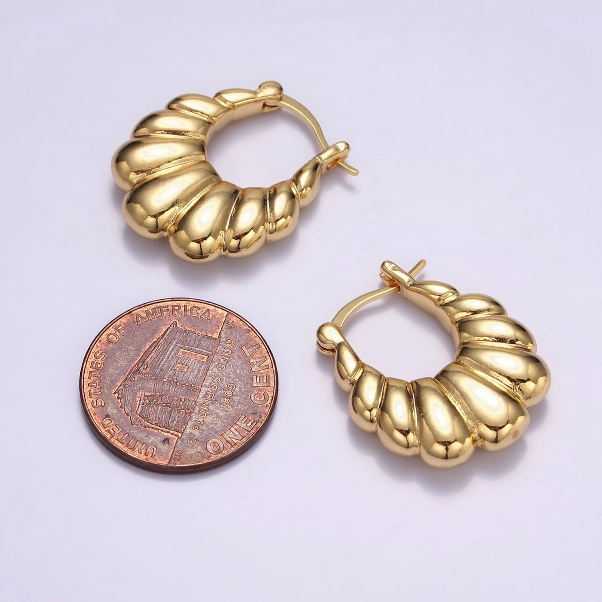 OS 16K Gold Filled U-Shaped Puffed Croissant French Lock Latch Hoop Earrings | AE603 - DLUXCA