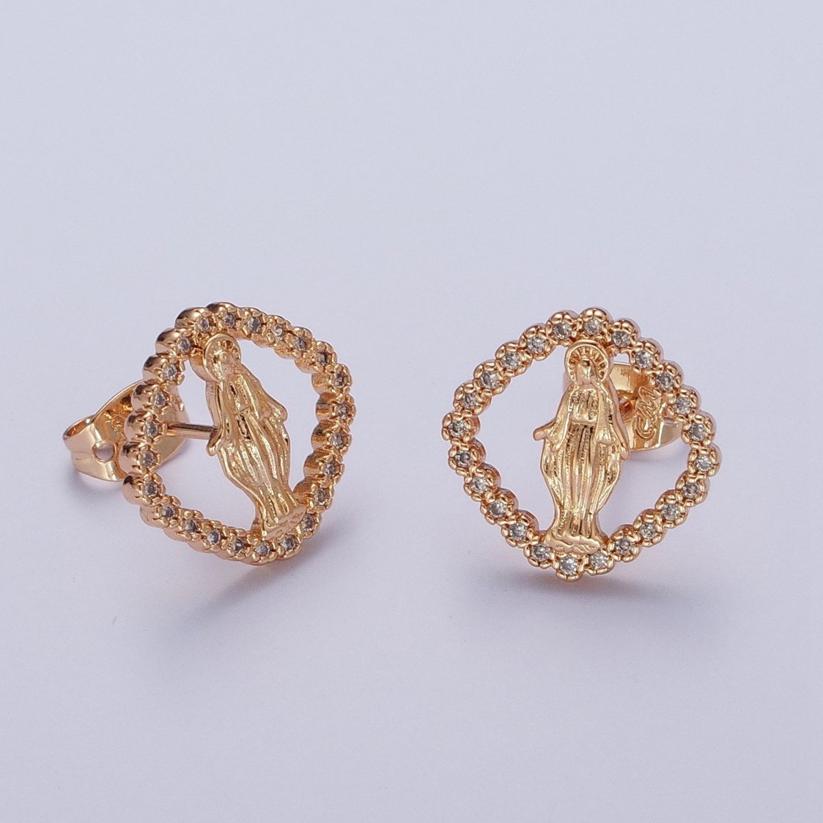 OS 18K Gold Rhombus Mother Virgin Mary Micro Paved Cubic Zirconia Religious Stud Earrings | AE-1051 - DLUXCA