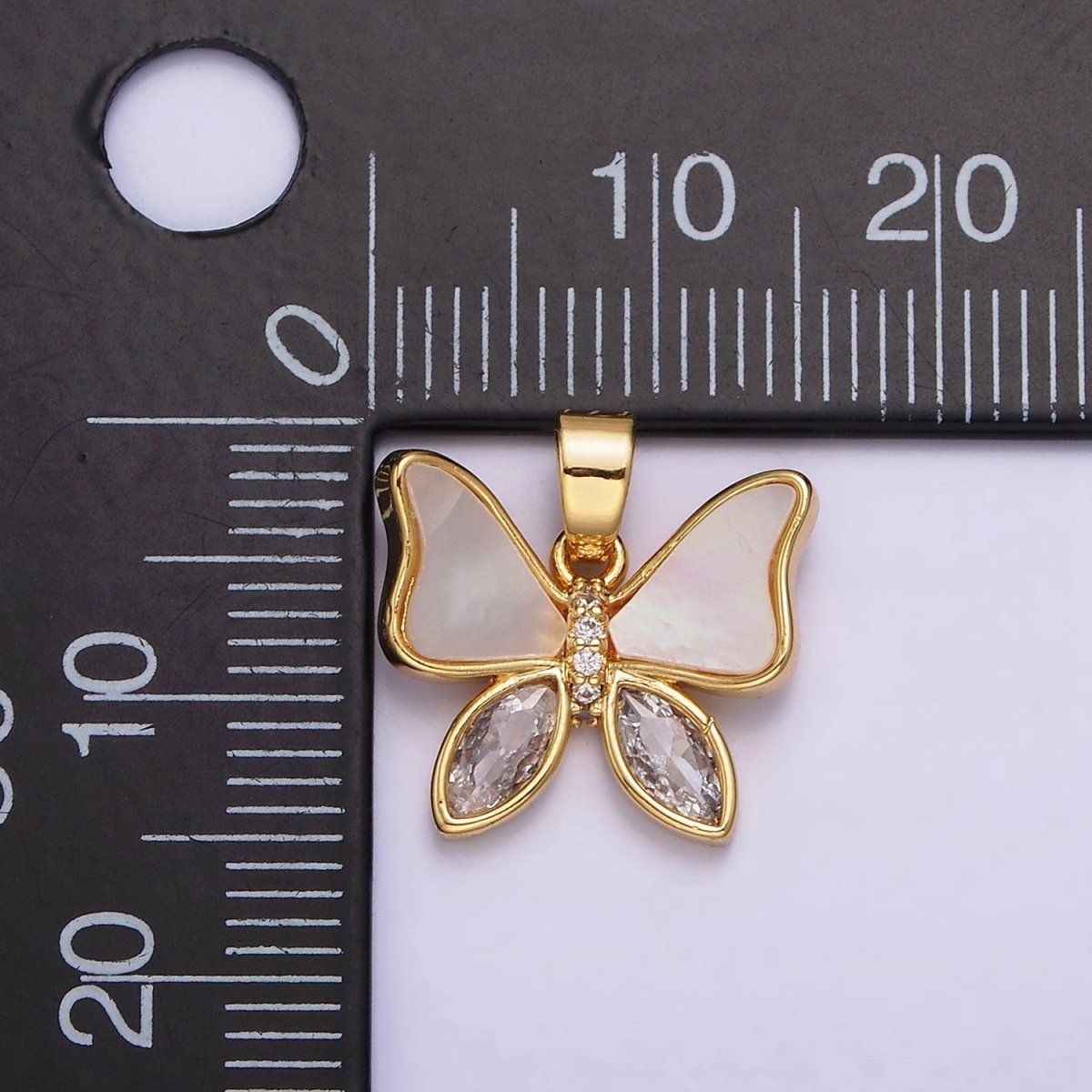 OS 24K Gold Filled Butterfly Shell Pearl Clear CZ Marquise Wings Pendant | AA586 - DLUXCA