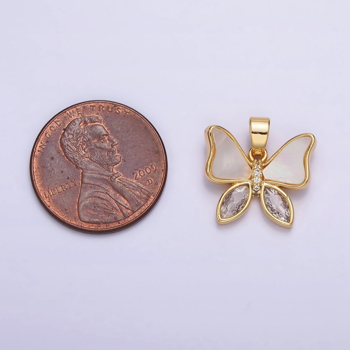 OS 24K Gold Filled Butterfly Shell Pearl Clear CZ Marquise Wings Pendant | AA586 - DLUXCA