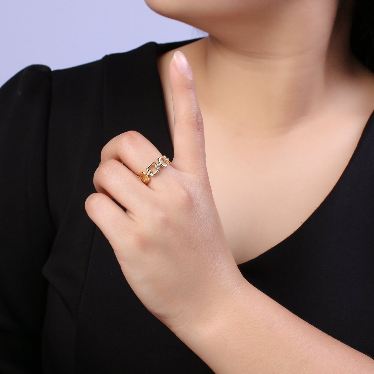 OS 24K Gold Filled Cable Paperclip Chain Link Ring, Dainty Micro Pave Cubic Zirconia CZ Ring S-347 - DLUXCA