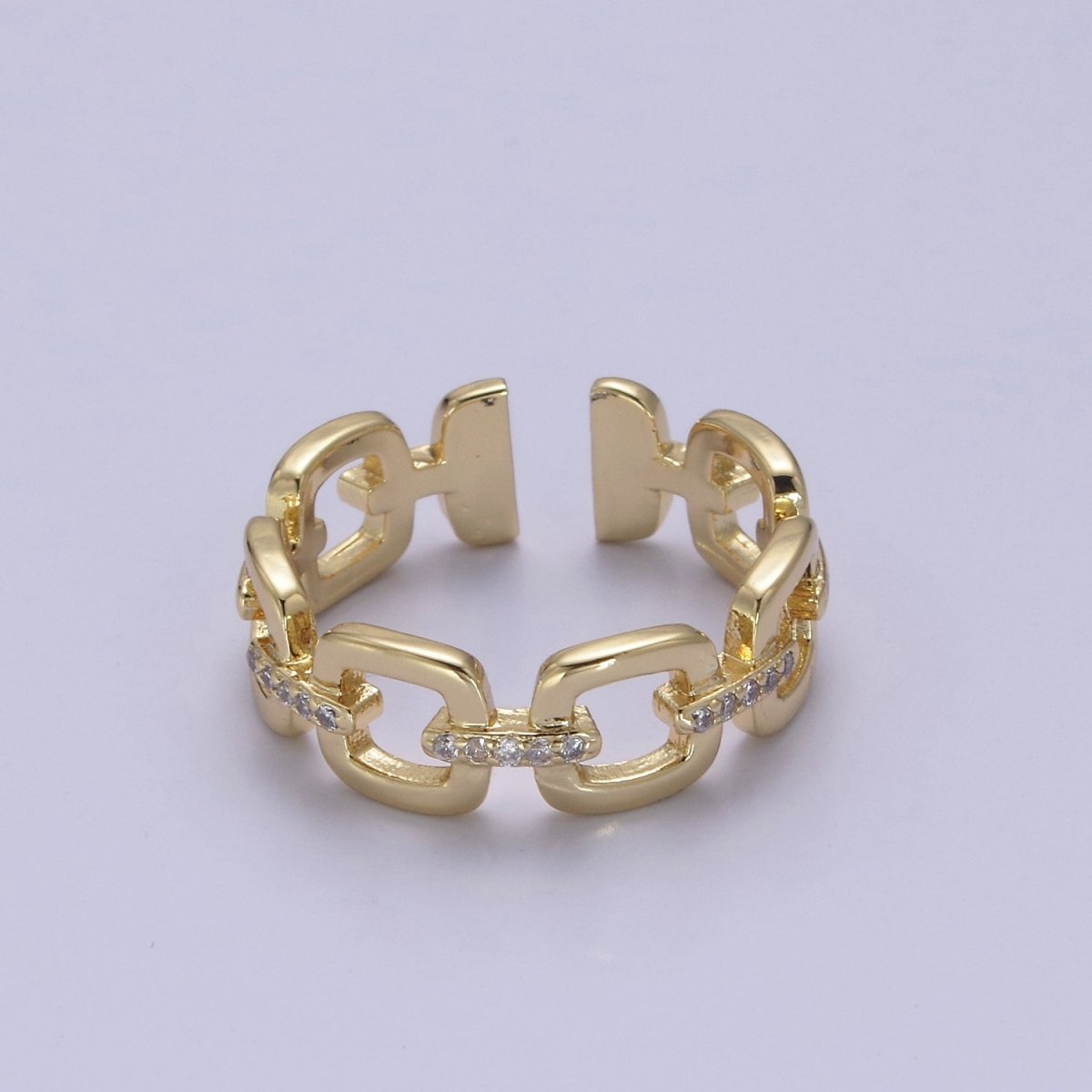 OS 24K Gold Filled Cable Paperclip Chain Link Ring, Dainty Micro Pave Cubic Zirconia CZ Ring S-347 - DLUXCA