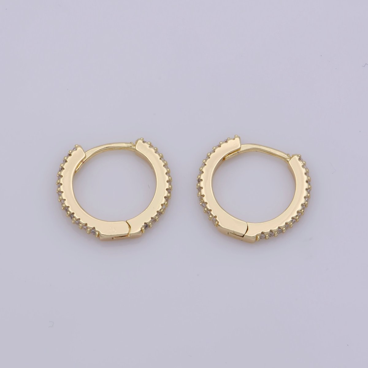 OS 24K Gold Filled Huggie Hoop Earrings, Crystal Cubic Zirconia CZ Encrusted on 14.8X13.3mm Hoops, Minimalist Modern 15mm Huggie Hoops | AE-804 - DLUXCA