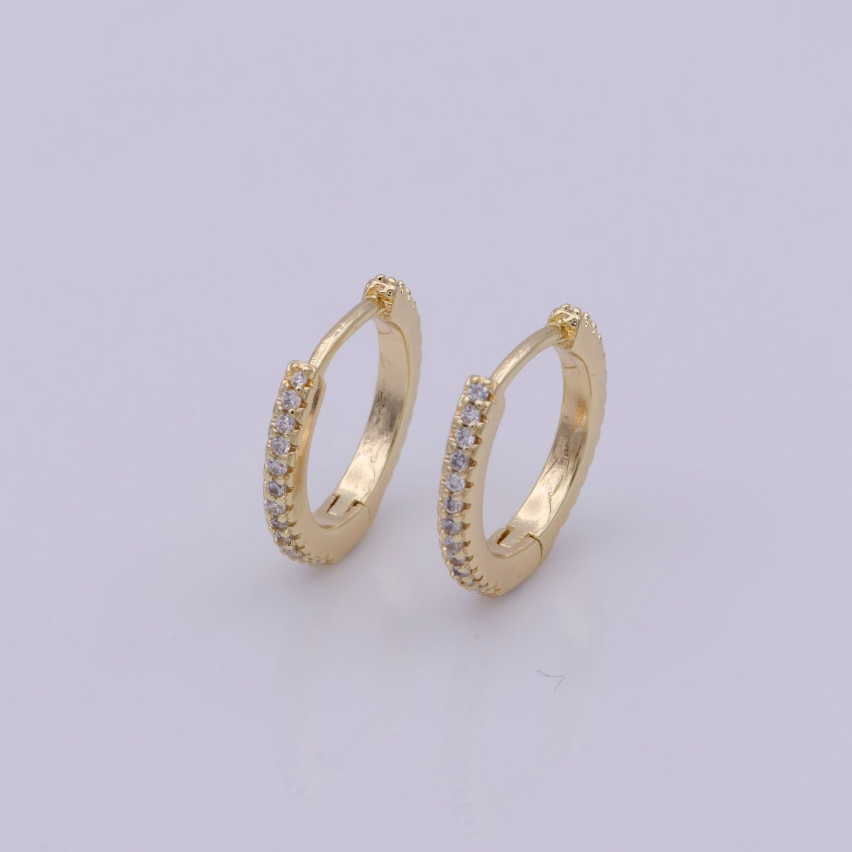 OS 24K Gold Filled Huggie Hoop Earrings, Crystal Cubic Zirconia CZ Encrusted on 14.8X13.3mm Hoops, Minimalist Modern 15mm Huggie Hoops | AE-804 - DLUXCA