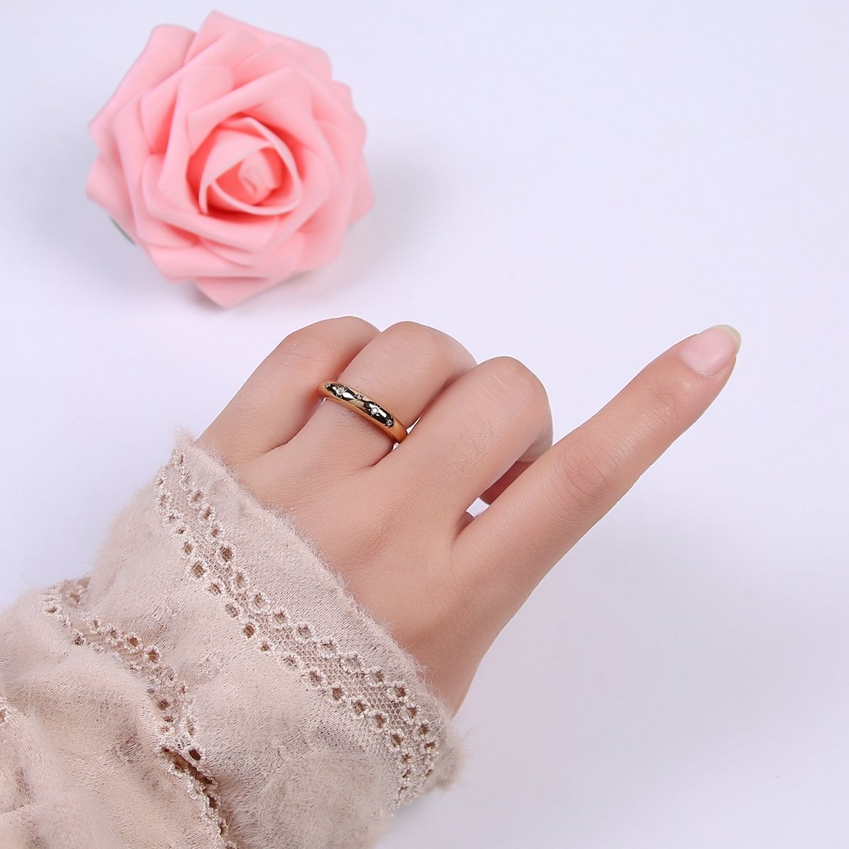 OS 24K Gold Filled Minimalist Starburst Star Zirconia CZ Adjustable Band Ring U-303 - DLUXCA