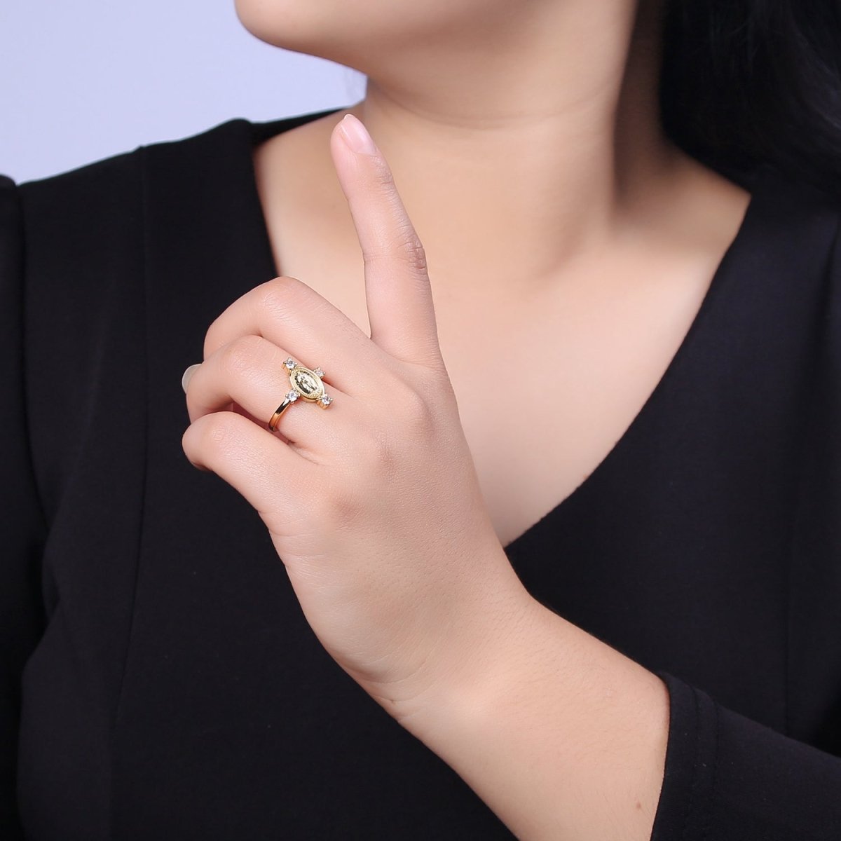 OS 24K Gold Filled Oval Lady Guadalupe Ring, Crystal Zirconia CZ Adjustable Stacking Ring, Gift For Her | U-469 - DLUXCA