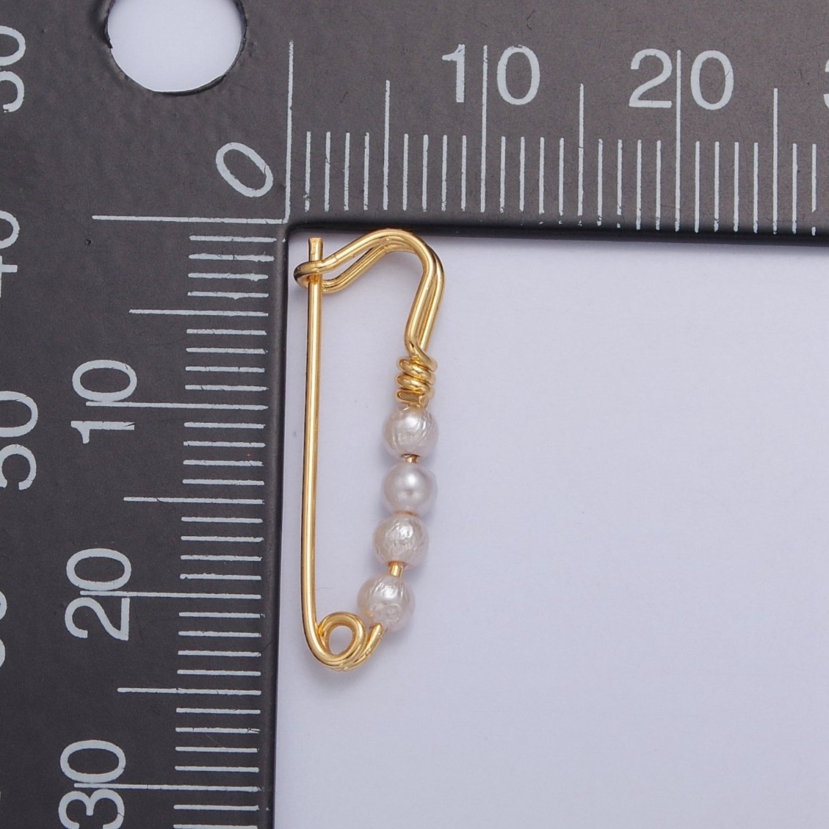 OS 24K Gold Filled Over Brass Safety Pin Pendant with 4 Pearls 23x8mm L-746 - DLUXCA