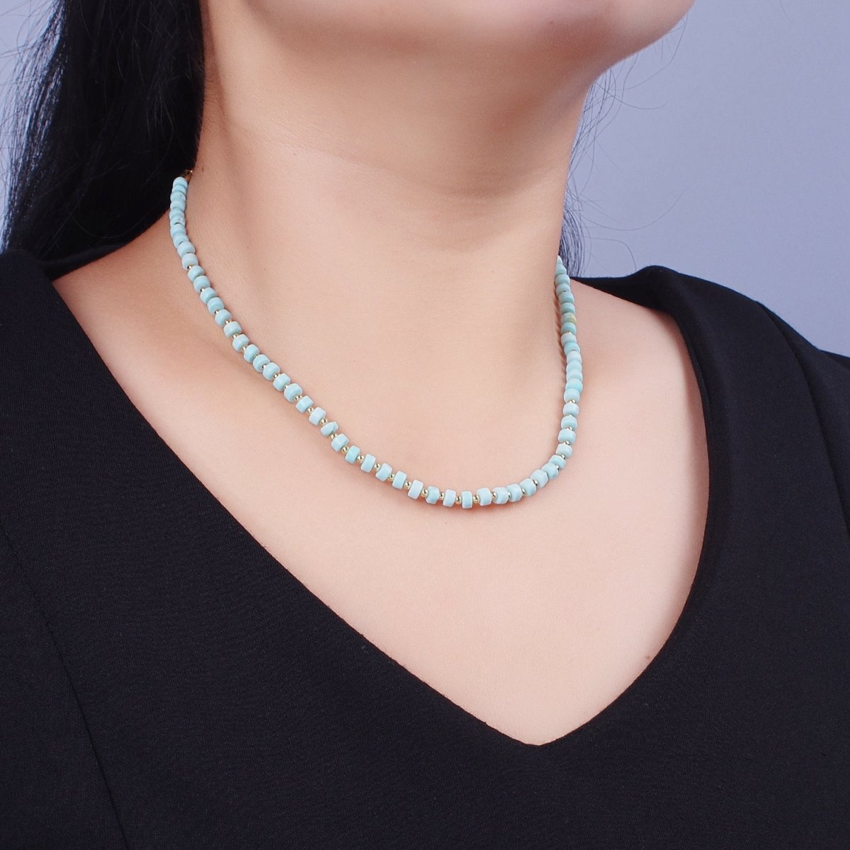 OS Clearance Pricing BLOWOUT Gold Filled Blue Turquoise Rondelle Heishi Gemstone Gold Spacer Beads 16 Inch Choker Necklace | WA-1435 - DLUXCA