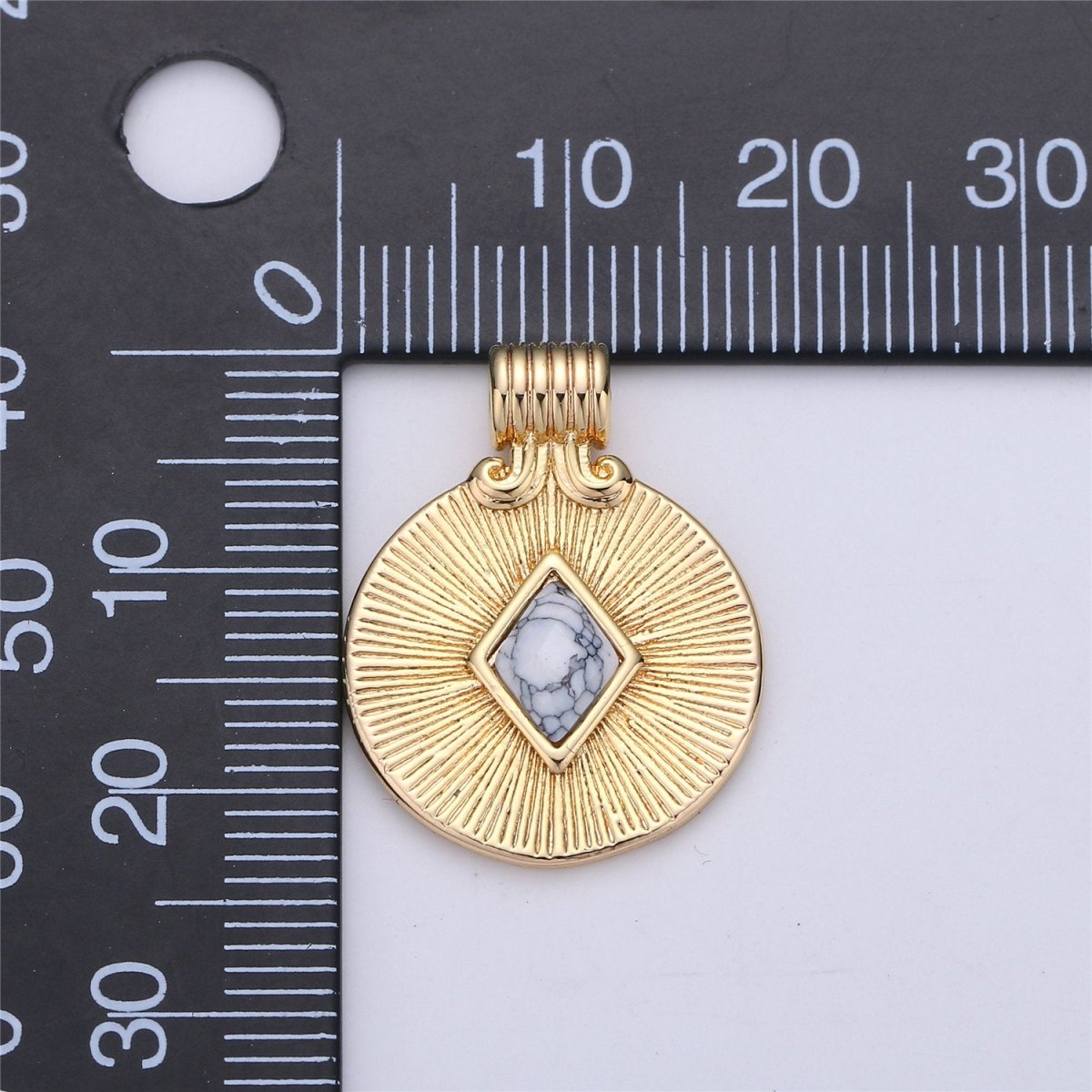 OS Dainty Medallion Pendant - 18K Gold Filled Rhombus Howlite Turquoise Stone Round Disc Charm Necklace Pendant C-742 - DLUXCA