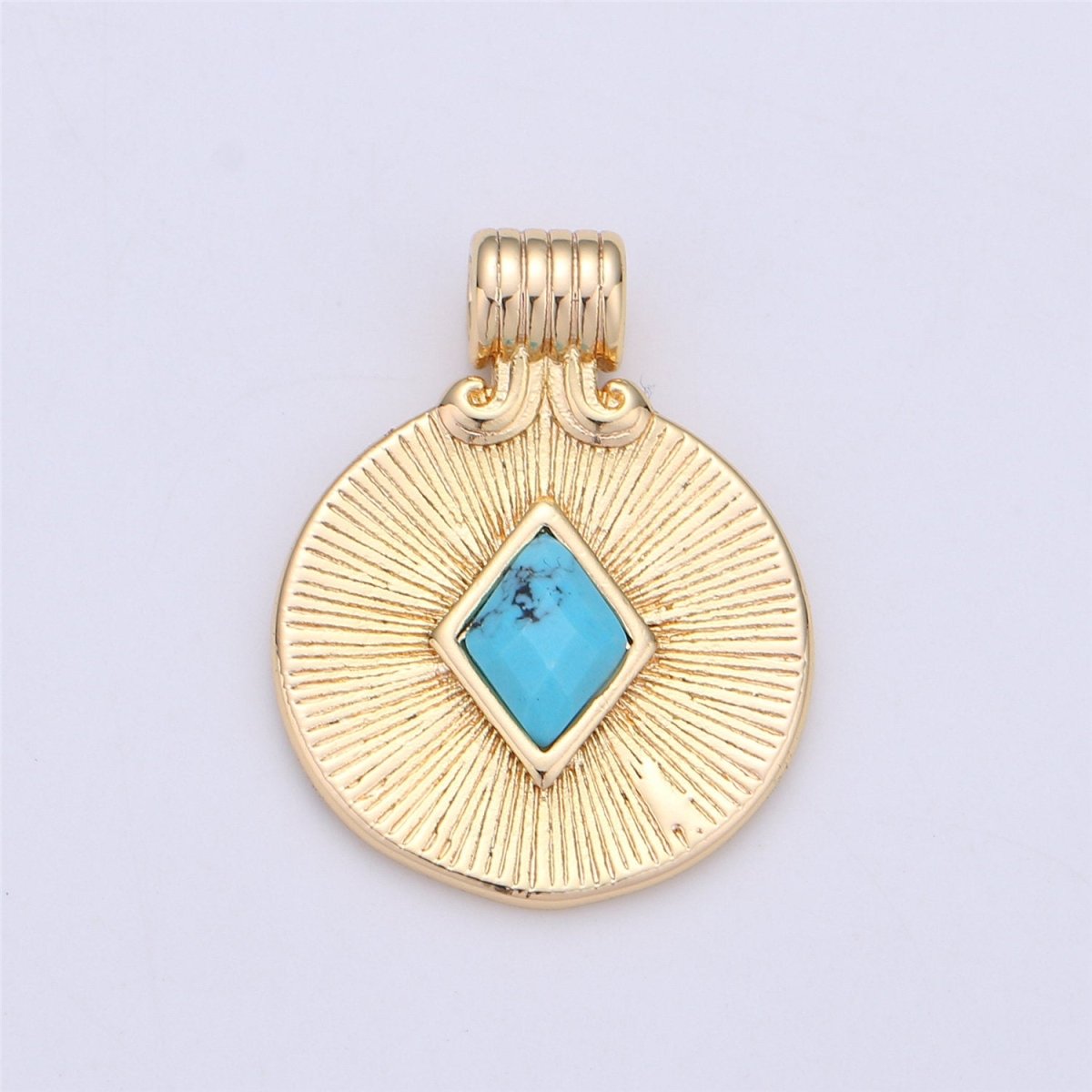OS Dainty Medallion Pendant - 18K Gold Filled Rhombus Howlite Turquoise Stone Round Disc Charm Necklace Pendant C-742 - DLUXCA